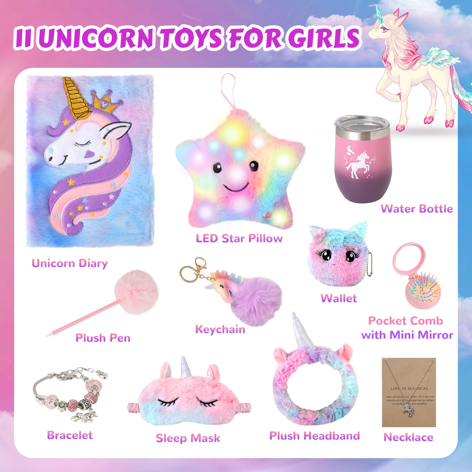 Unicorns Gifts for Girls 5 6 7 8 9 10+ Years Old, Kids Unicorn Toys with Light Up Plush Star Pillow, Diary, Headband, Eye Mask, Water Bottle, Soft Plush Toys Set for Teens Birthday Gifts Christmas