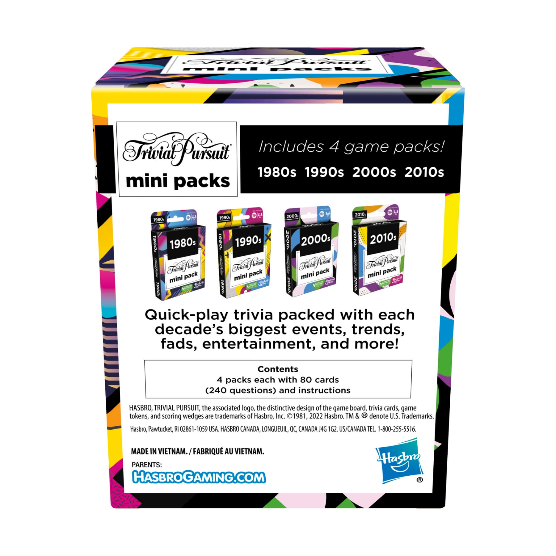 Hasbro Gaming Trivial Pursuit Mini Packs Multipack, Fun Trivia Questions for Adults and Teens Ages 16+, Includes 4 Game Featuring 4 Decades