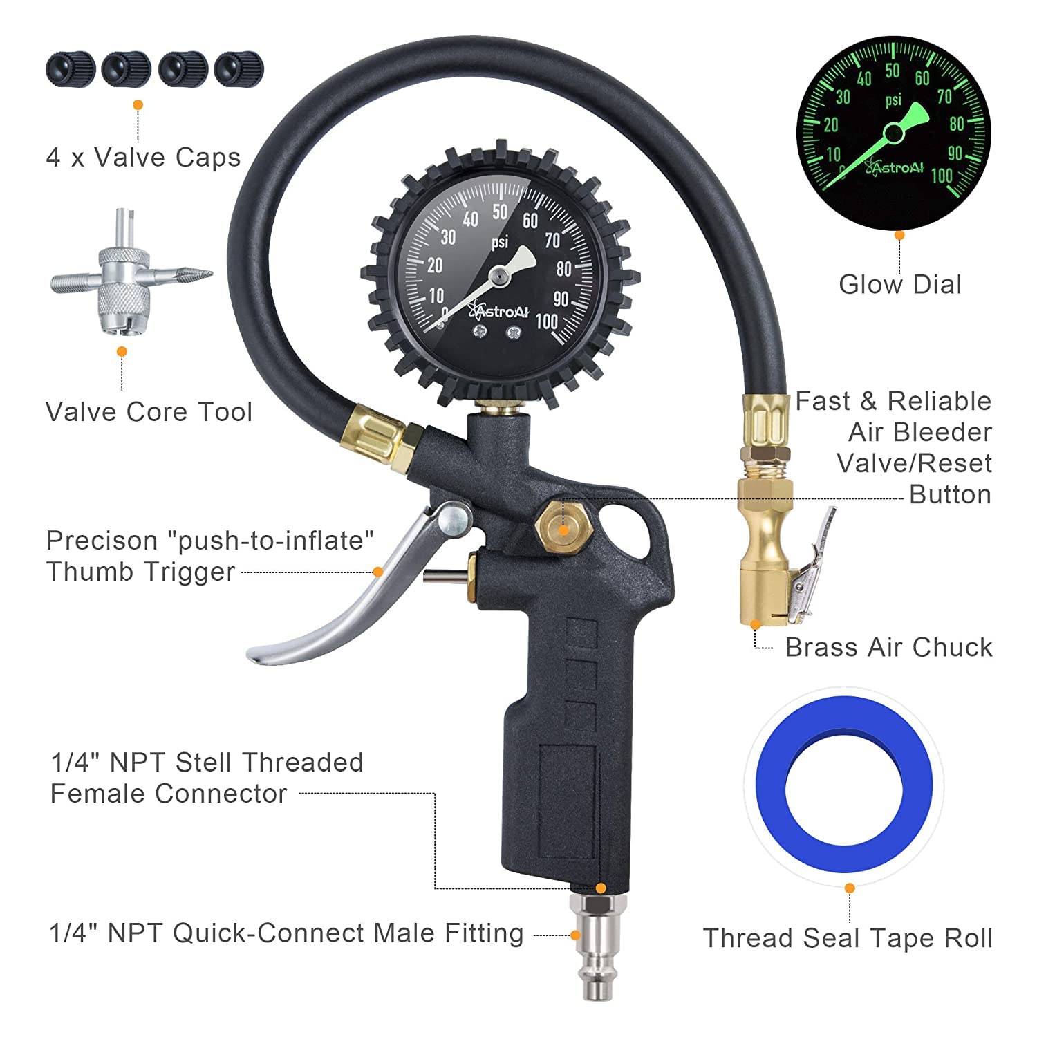 AstroAI Tire Pressure Gauge with Inflator, 100 PSI-ANSI B40.1 Accurate, Large 2.5" Easy Read Glow Dial, Heavy Duty Air Chuck and Compressor Accessories with Rubber Hose and Quick Connect Coupler