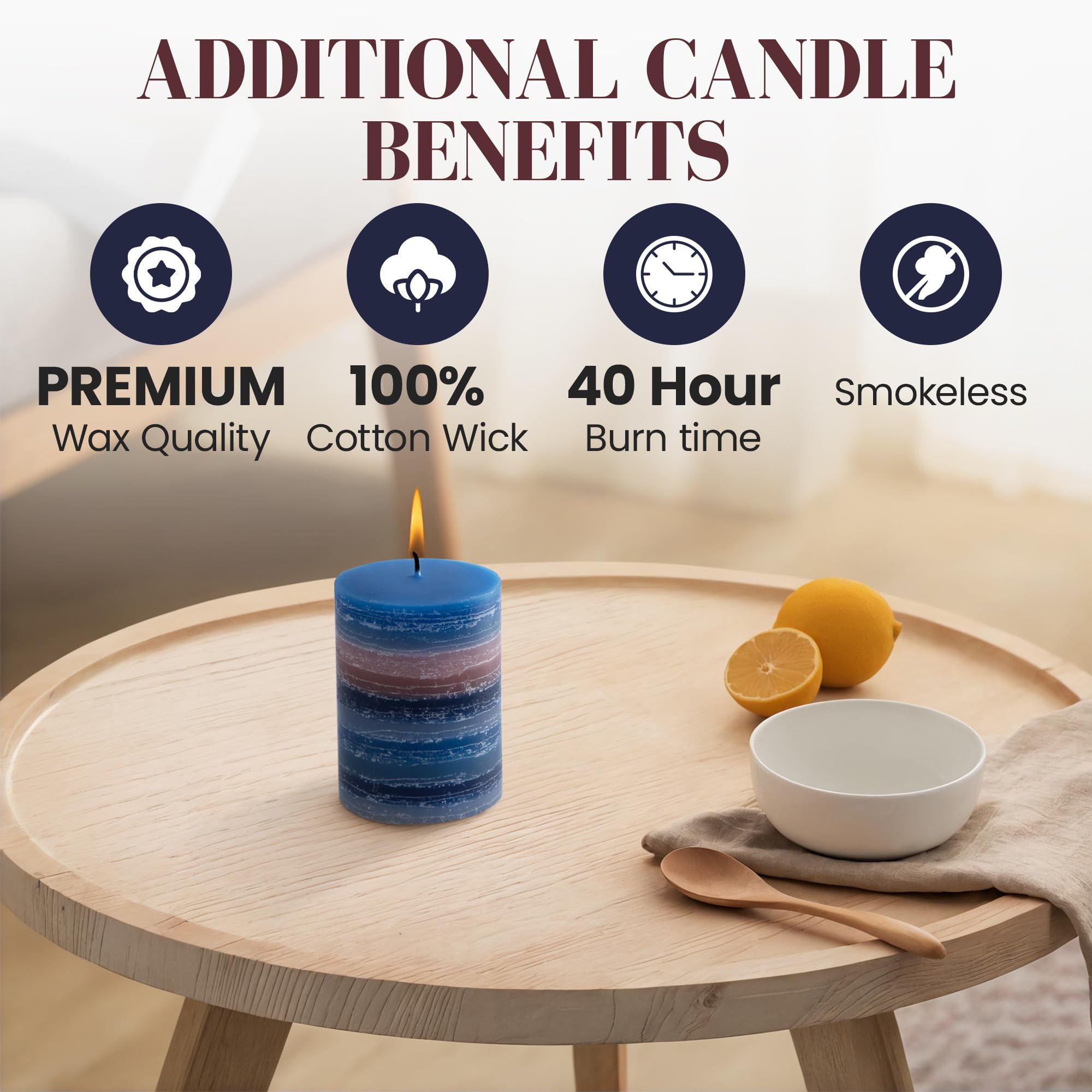 CraftyCrocodile Decorative Scented Pillar Candle - Handcrafted Navy Blue Candles with Cotton Wick, Smokeless for Spa, Aromatherapy, Home, Wedding - 40 Hour Burn Time - 3" W x 4" H