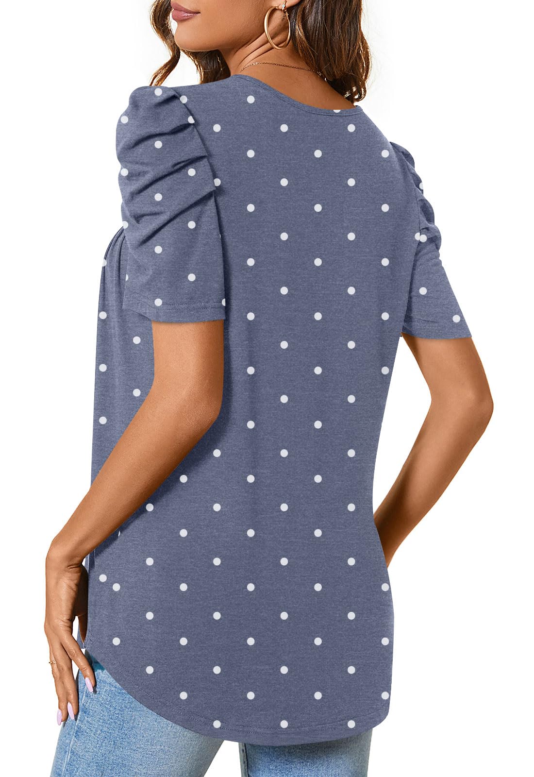 Anydeer Women Tunic Top Summer Short Puff Sleeve Chest Pleated Tshirts Casual Round Neck Blouse Loose Tee, M, Crew Short Dotted Navy Blue