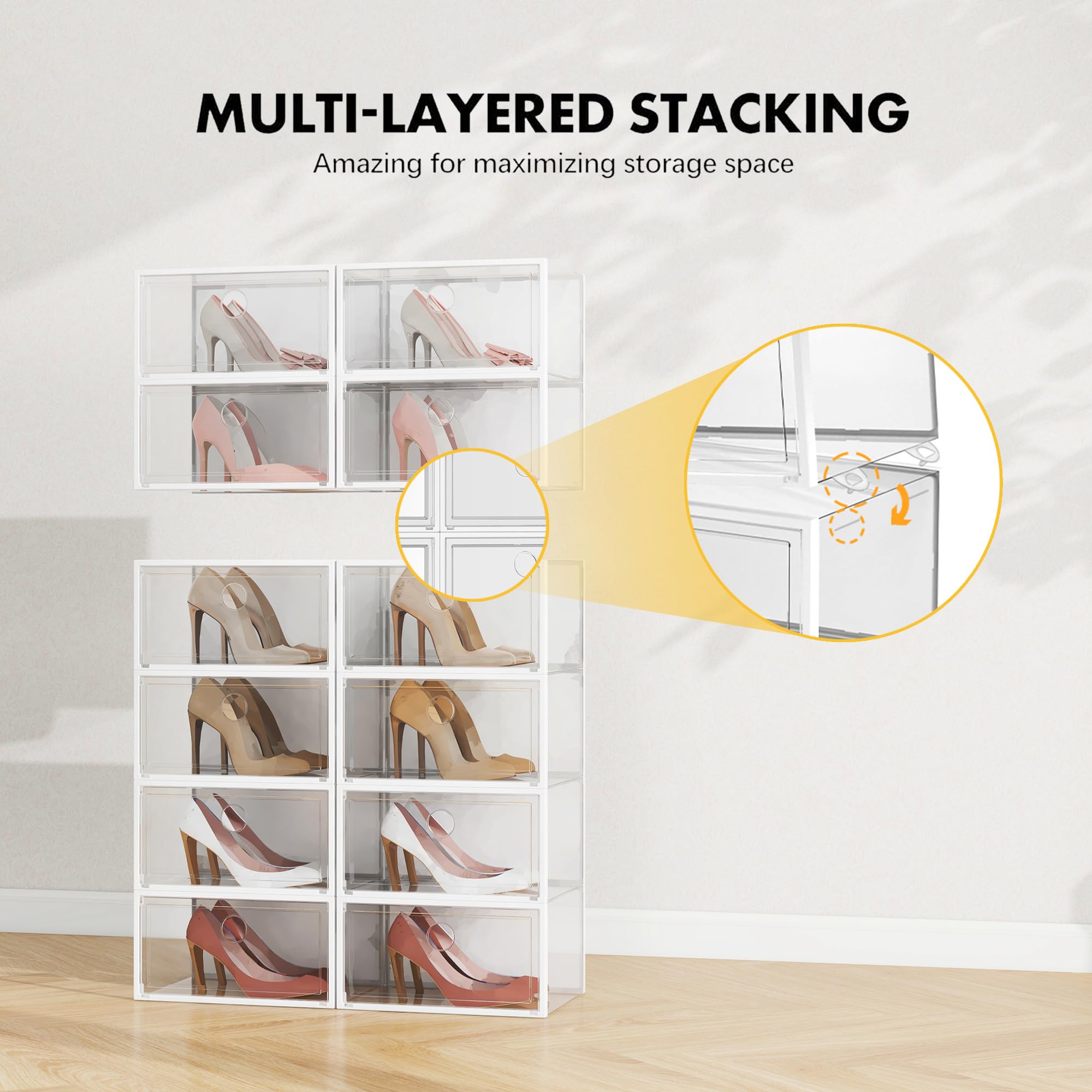 SEE SPRING XX-Large Shoe Storage Box Fit Size 13, Clear Plastic Stackable Shoe Organizer for Closet, Space Saving Sneaker Shoe Rack Containers Bins Holders for Entryway, Under Bed, 12 Pack Clear