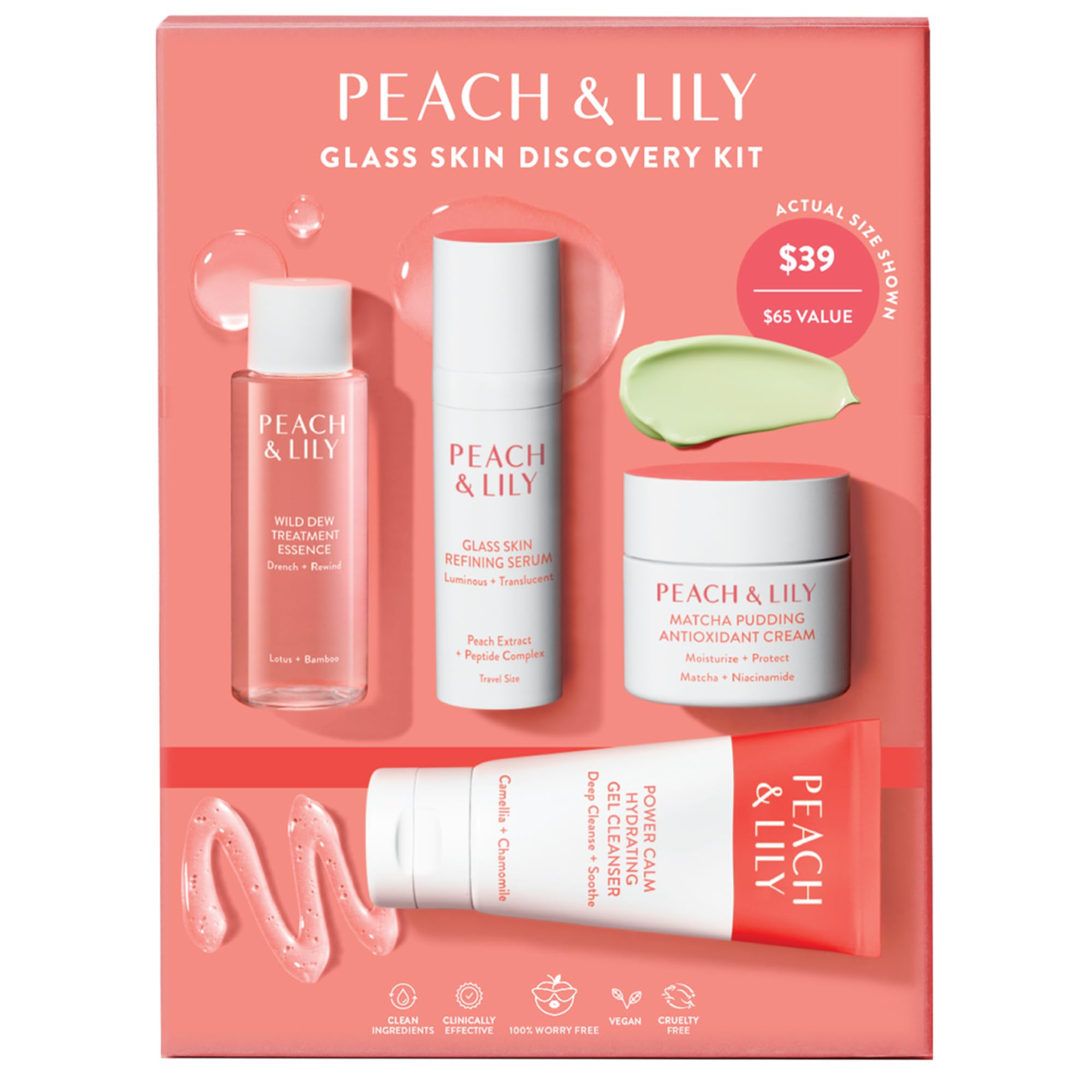 Peach & Lily - Glass Skin Discovery Kit (4 Products) - Cleanser, Essence, Serum, & Cream - Facial Skincare Set - Acne Routine - Trial & Travel Size - Vegan, Gluten Free, & Cruelty Free - Korean Beauty