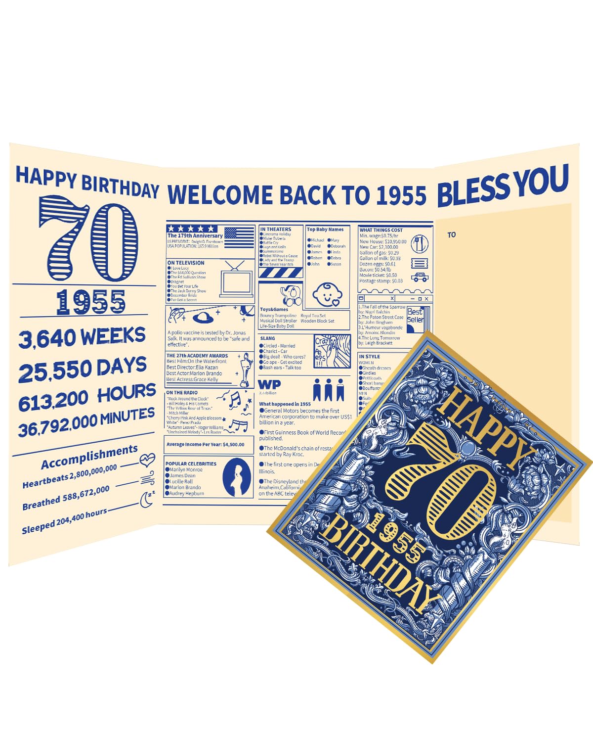 Gcardist 2025 70th Birthday Greeting Card, 70 Years Old Birthday Gift Card,Memory Back In 1955,Vintage Blue Gold（Envelope）