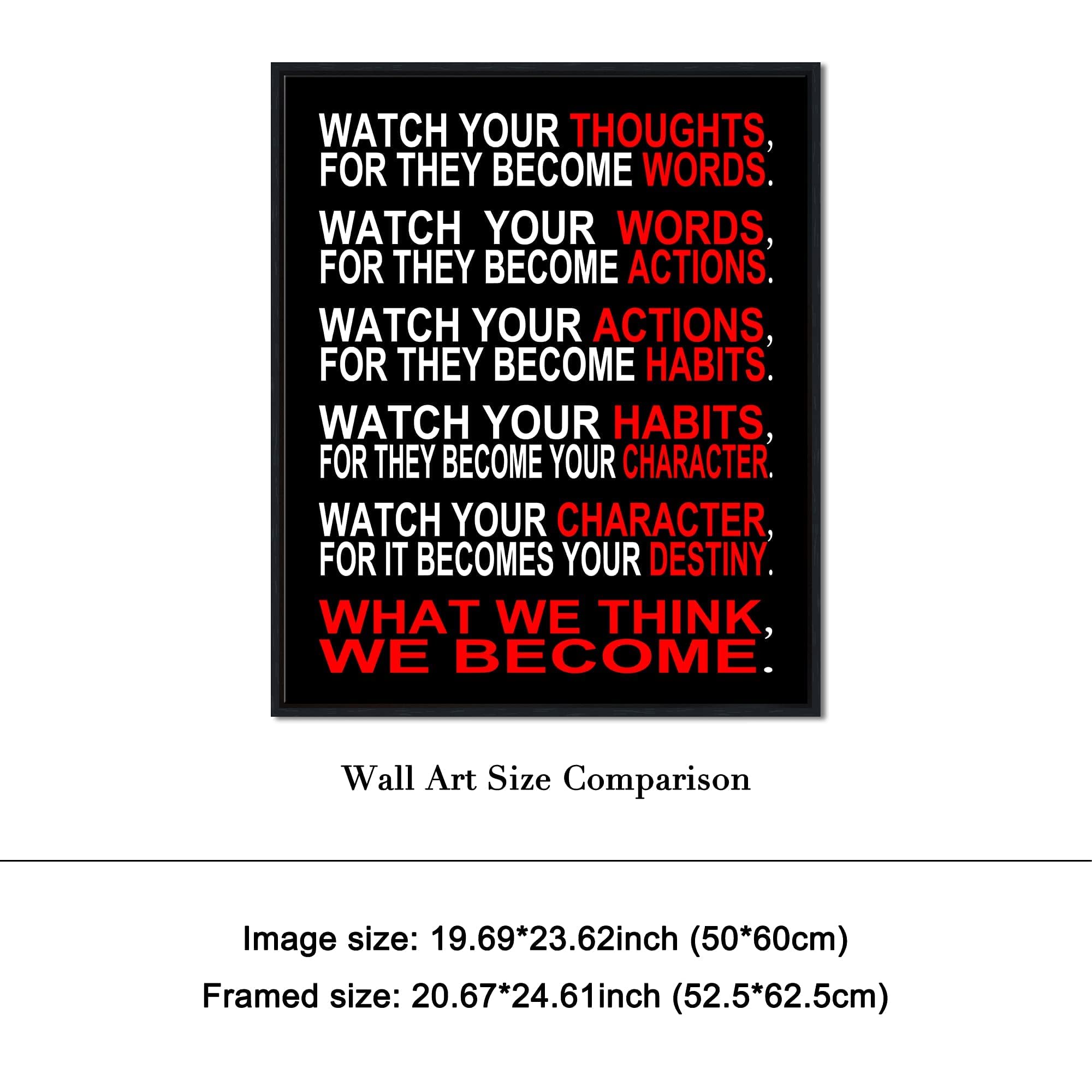 Pyradecor Black Framed Watch Your Thoughts Motivational Classroom Poster Modern Canvas Prints for Office Living Room Home Decorations Giclee Pictures Artwork