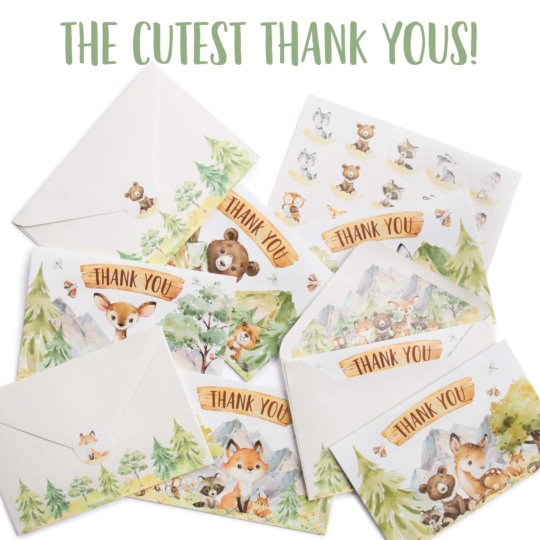 VNS Creations 50 Woodland Animal Thank You Cards, Bulk Forest & Mountain Creatures Thank You Notes w/Matching Lined Envelopes & Stickers, 4 x 6 in.