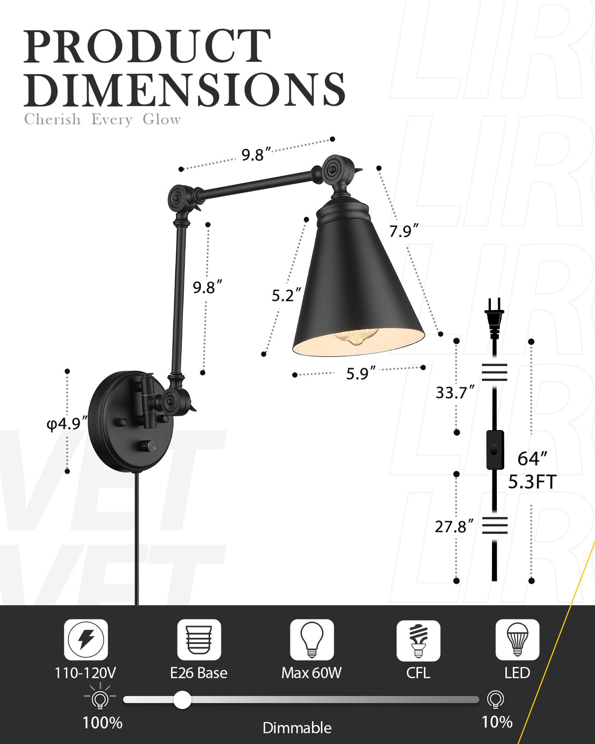 LIROUVET Plug in Wall Sconces Set of Two, Adjustable Swing Arm Wall Lamp, Industrial Sconces Wall Lighting with Dimmable On/Off Switch Plug-in Cord, Black Foldable Wall Light for Bedroom WL02-2PKBK