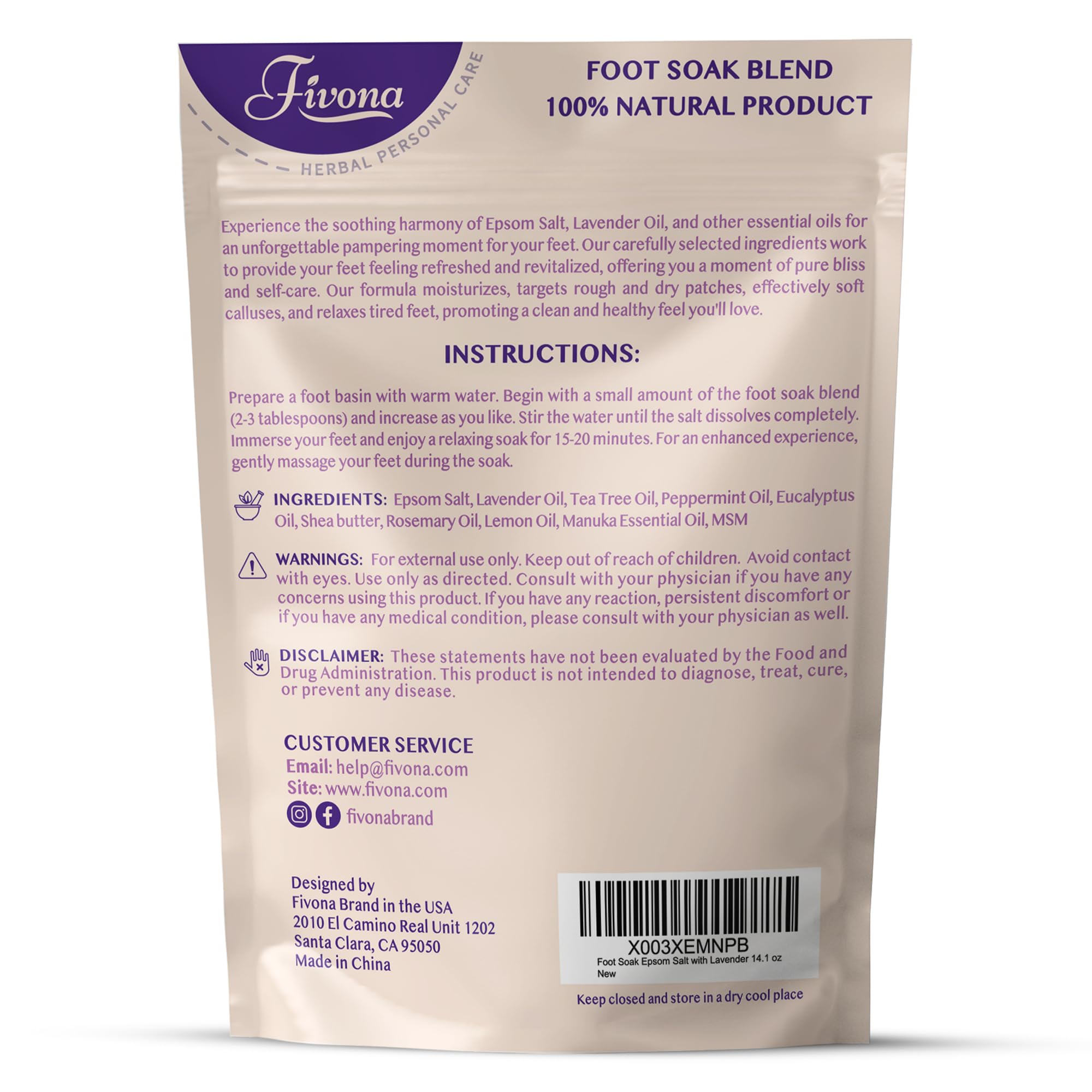 Fivona Foot Soak Blend Epsom Salt with Lavender 14.1 oz - Calming Foot Bath Salt, Relax & Renew Tired Feet, Soothe Soreness, Soften Calluses - Rejuvenating Pedicure Spa at Home