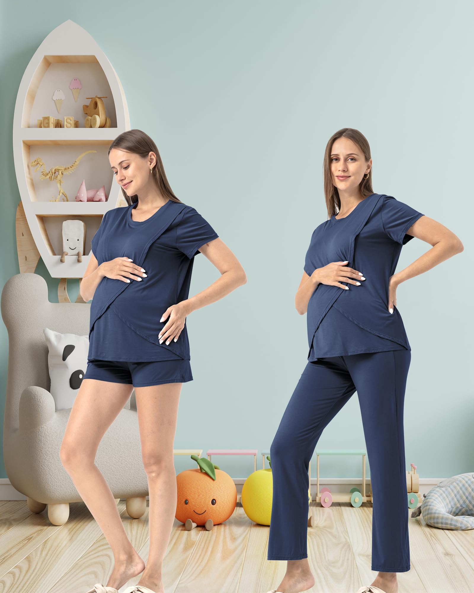 Rnxrbb 3 Piece Postpartum Nursing Pajamas Set Double Layer Maternity Breastfeeding Pjs Sleepwear for Women,Navy L