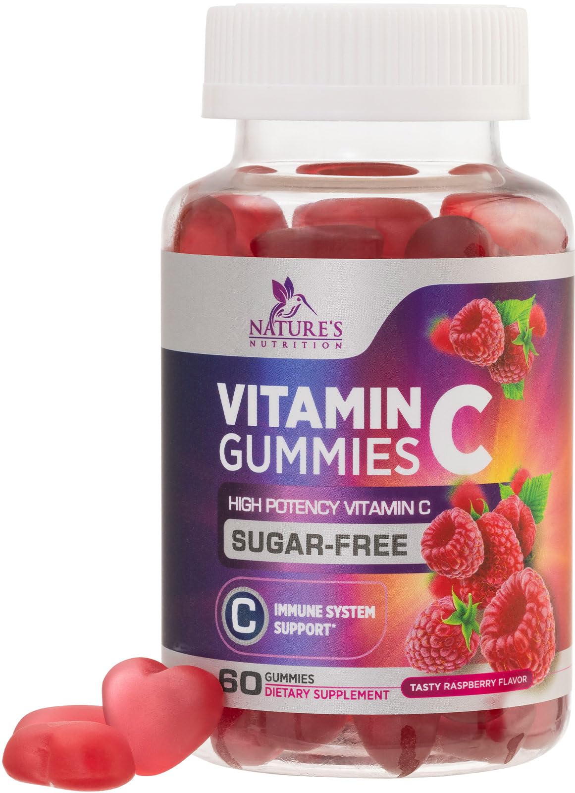 Sugar Free Vitamin C Gummies - Immune Support & Antioxidant Vitamin Dietary Supplement - Vegan, Non-GMO, Dairy & Gluten Free C Vitamin Gummy - Raspberry Flavor for Kids & Adults - 60 Count Gummies