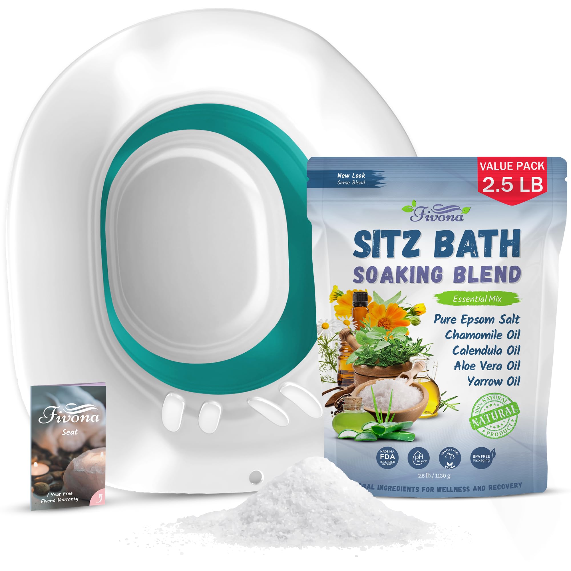 Fivona 2 in 1 Sitz Bath Soak Kit for Hemorrhoids and Postpartum Care - Soaking Blend with Epsom Salt and Essential Oils Value Pack 40 oz with Over the Toilet Seat - Fast Irritation Relief at Home