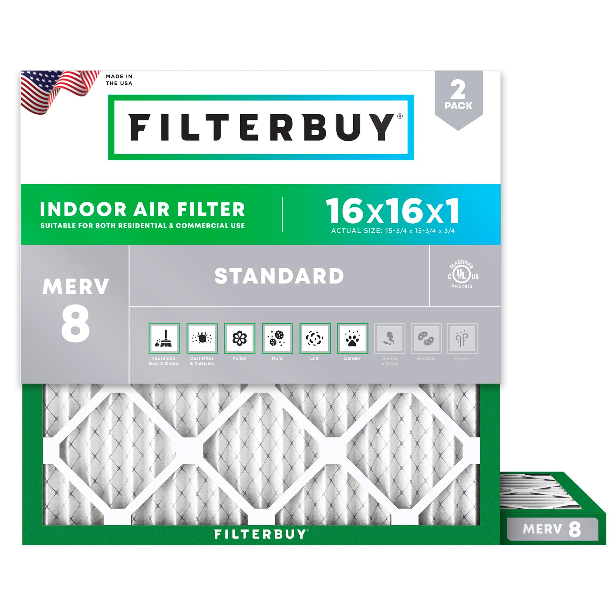 Filterbuy 16x16x1 Air Filter MERV 8 Dust Defense (2-Pack), Pleated HVAC AC Furnace Air Filters Replacement (Actual Size: 15.75 x 15.75 x 0.75 Inches)