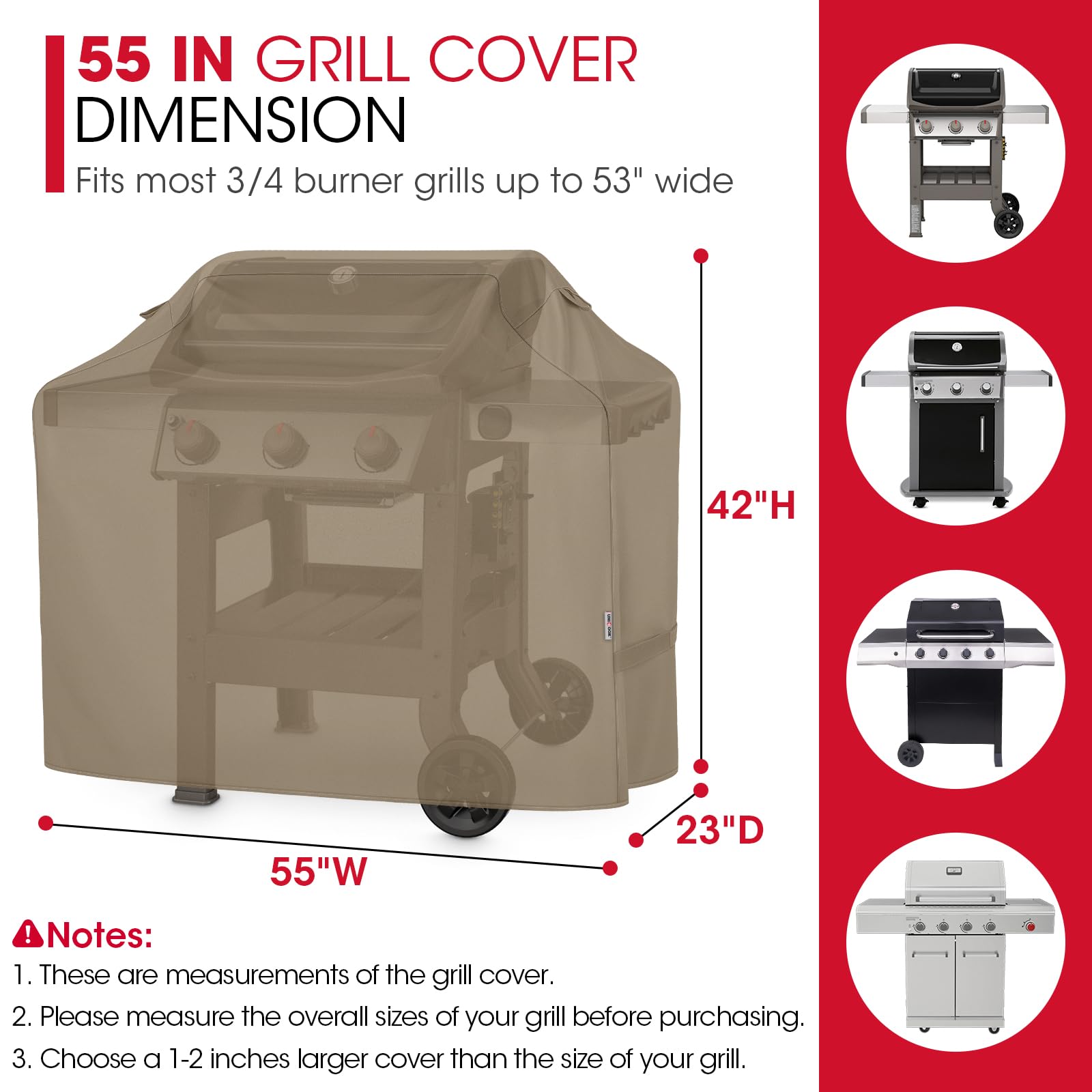 Unicook 55 Inch Grill Cover, Outdoor Heavy Duty Waterproof BBQ Cover for Weber Charbroil Nexgrill Charcoal/Gas Grills, Fade Resistant Material with Sealed Seam, All-Season Protection, Neutral Taupe