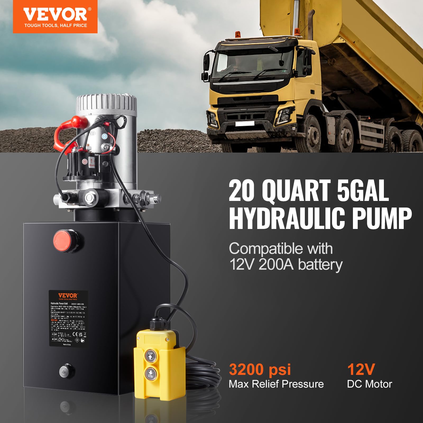 VEVOR 20 Quart Power Unit, Single Acting, 0.91 GPM Flow Rate, 3200 PSI Max Relief Pressure, DC 12V Hydraulic Pump for Dump Trailer Car Lifting, Black