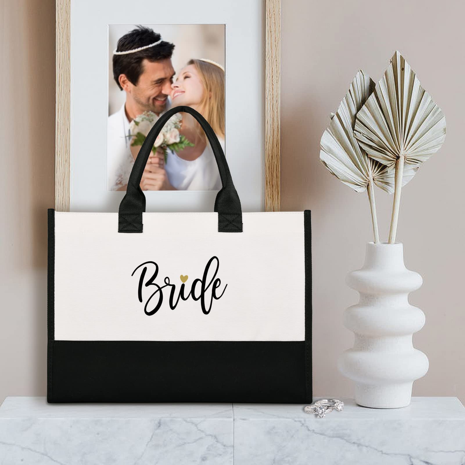 Lamyba Bride Bag with Makeup Bag and Reinforced Bottom, Bride Gifts/Bridal Shower Gifts for Bride, Black and White