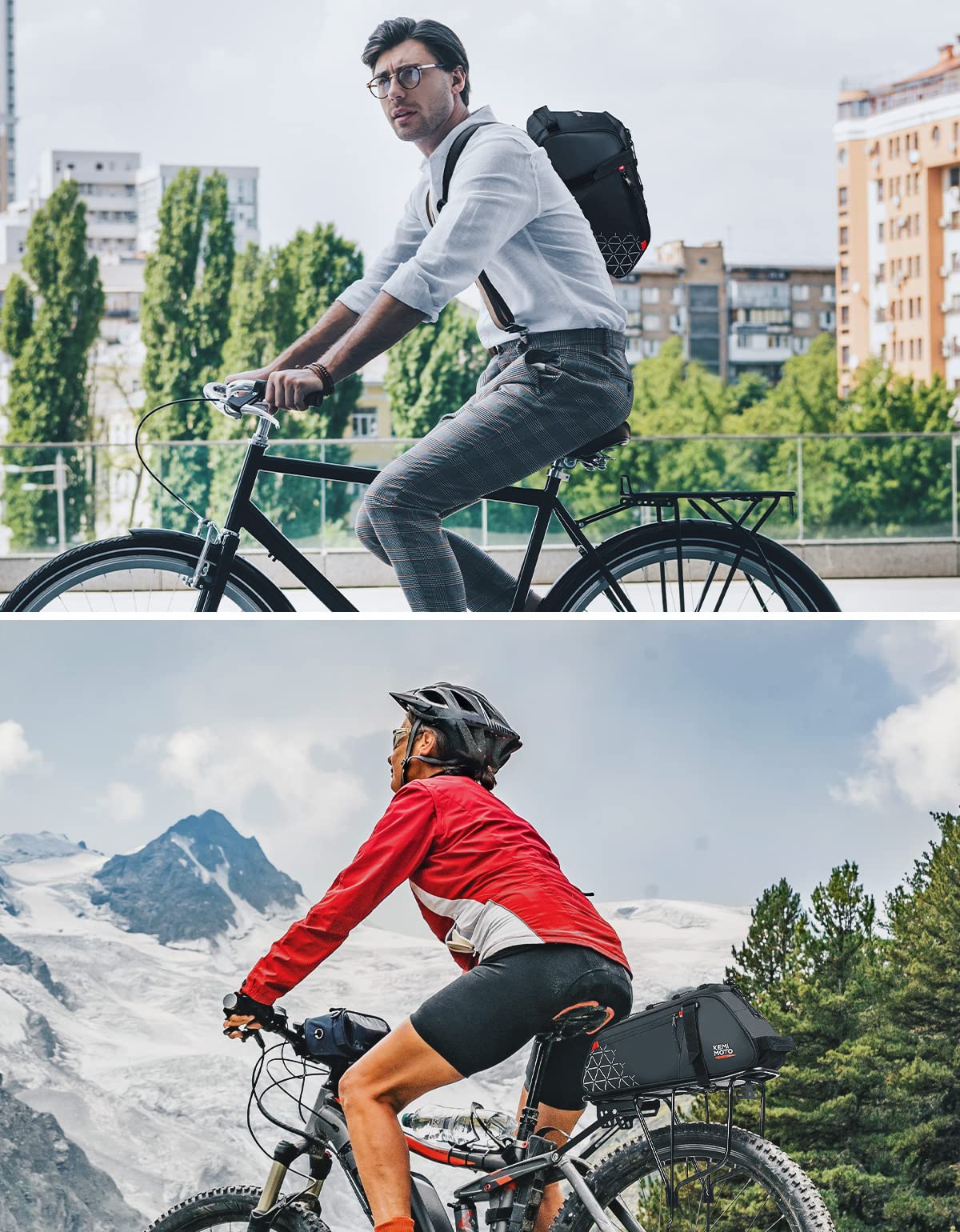 KEMIMOTO Rear Bike Rack Bag - 8L PVC Water Resistant Bicycle Bag for Road and Mountain Bikes - Black Commuter Bag for Grocery Shopping and Cycling