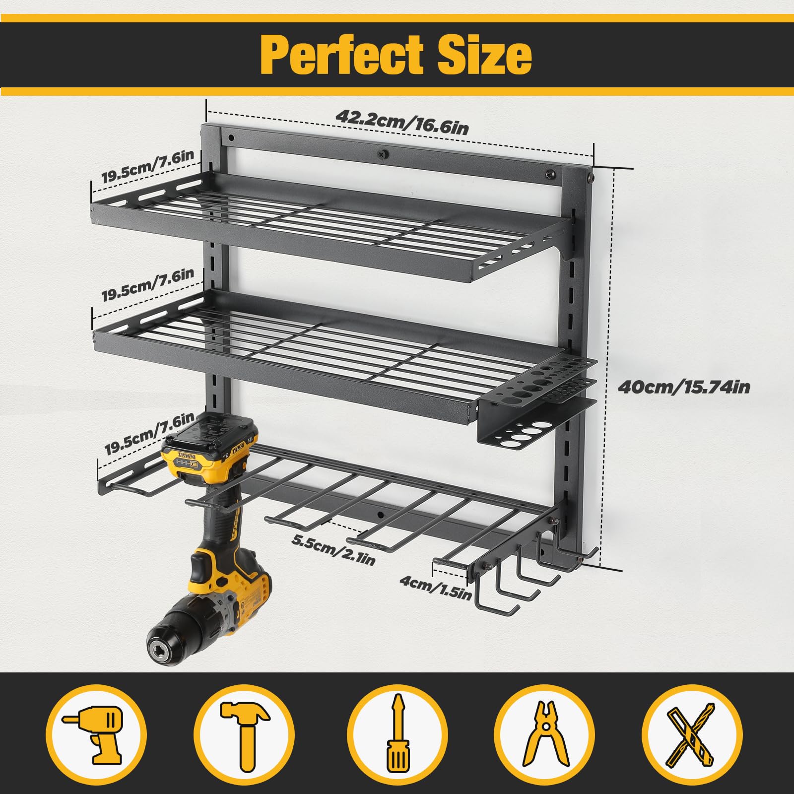 COFIT Power Tool Organizer, Power Drill Tool Holder with Charging Station, Wall Mount Tool Storage Organizer, 3-Tier Adjustable Height Iron Tool Rack for Garage Organization and Workshop