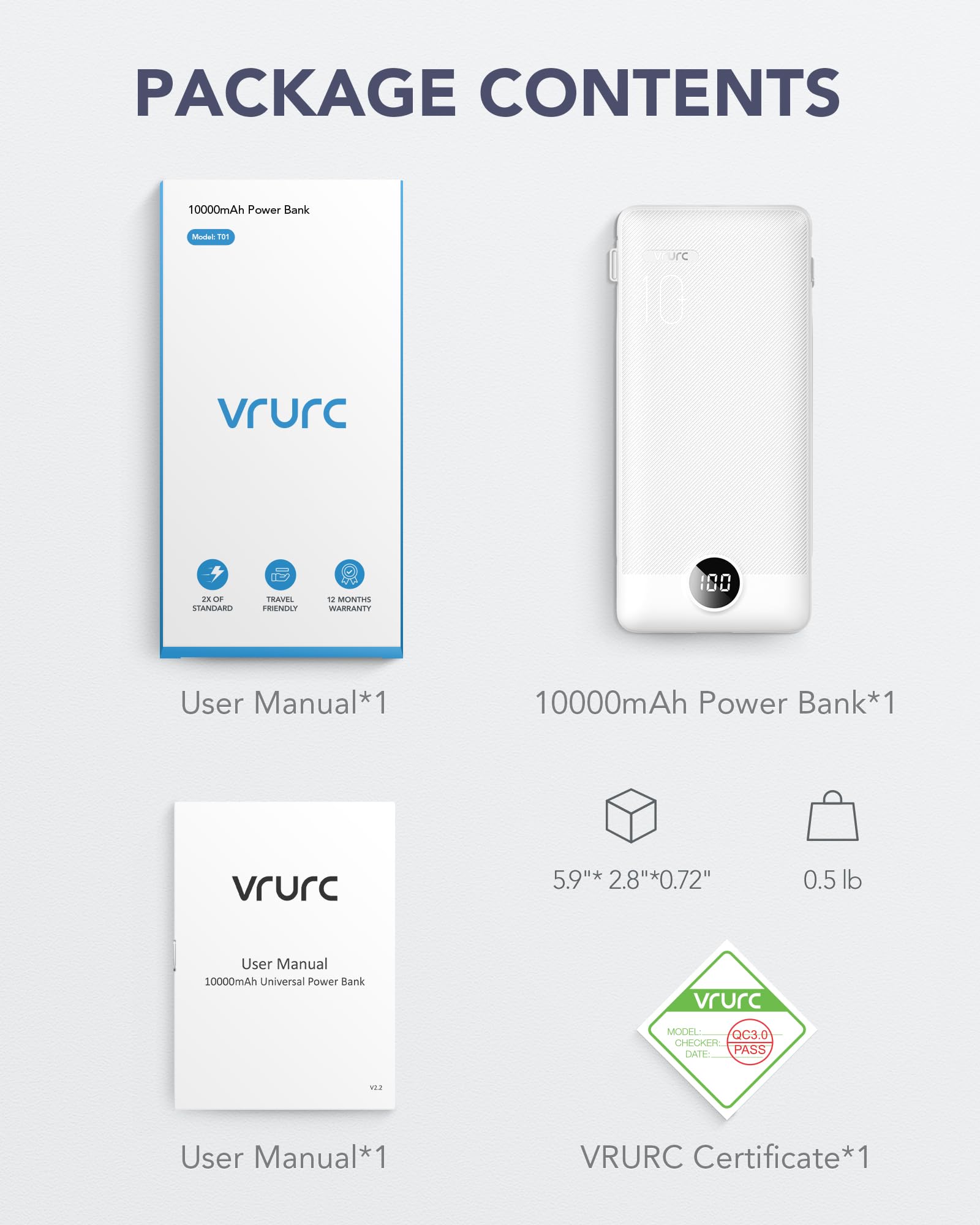 VRURC Portable Charger Built-in Cables and AC Wall Plug, USB C Power Bank 10000mAh, [2023 Upgraded Version] Phone Charger Compact Lightweight External Battery Pack for Smart Phones, Tablets etc-White