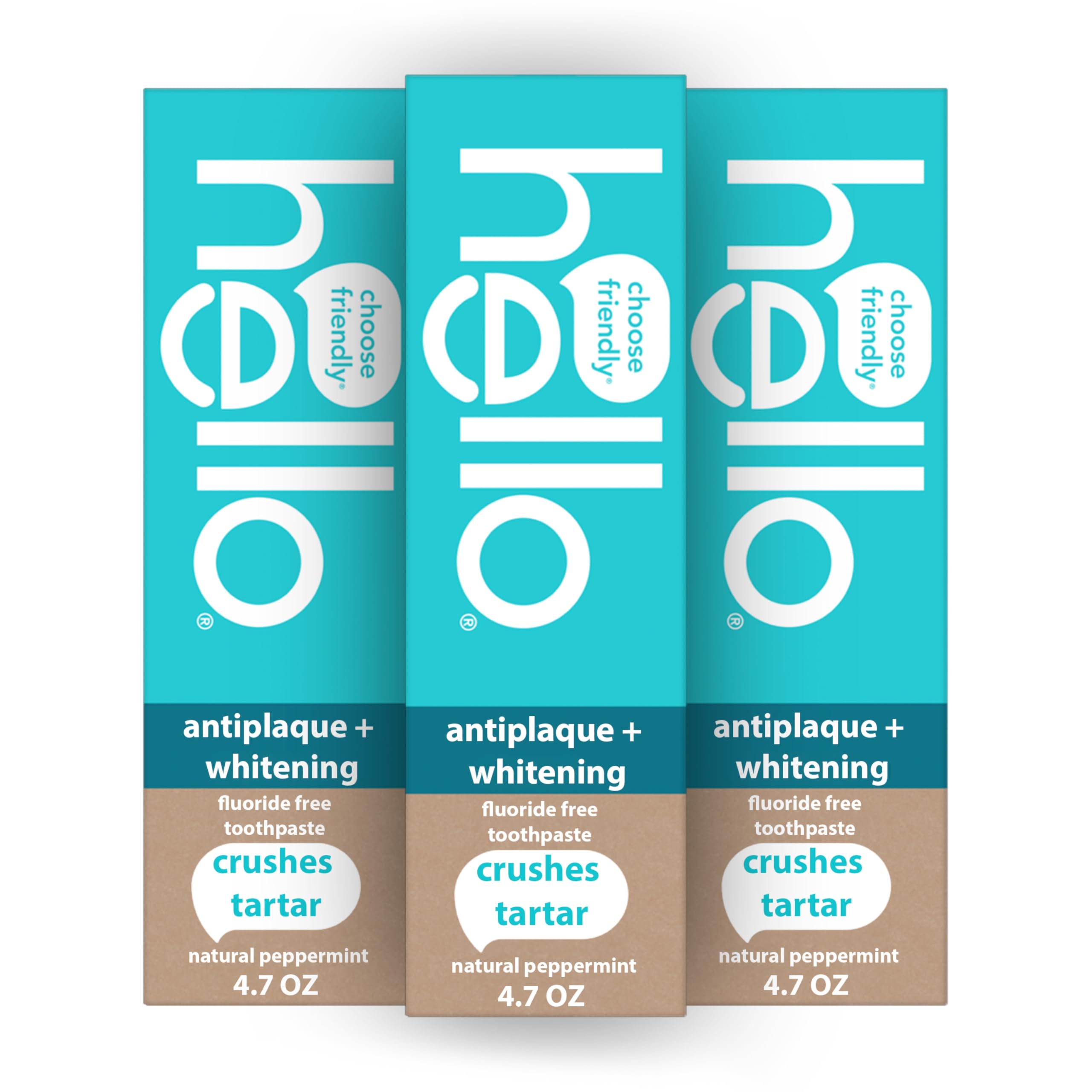 Hello Antiplaque Toothpaste, Fluoride Free for Teeth Whitening with Natural Peppermint Flavor and Tea Tree Oil, Peroxide Free, Gluten Free, SLS Free, 3 Pack, 4.7 OZ Tubes