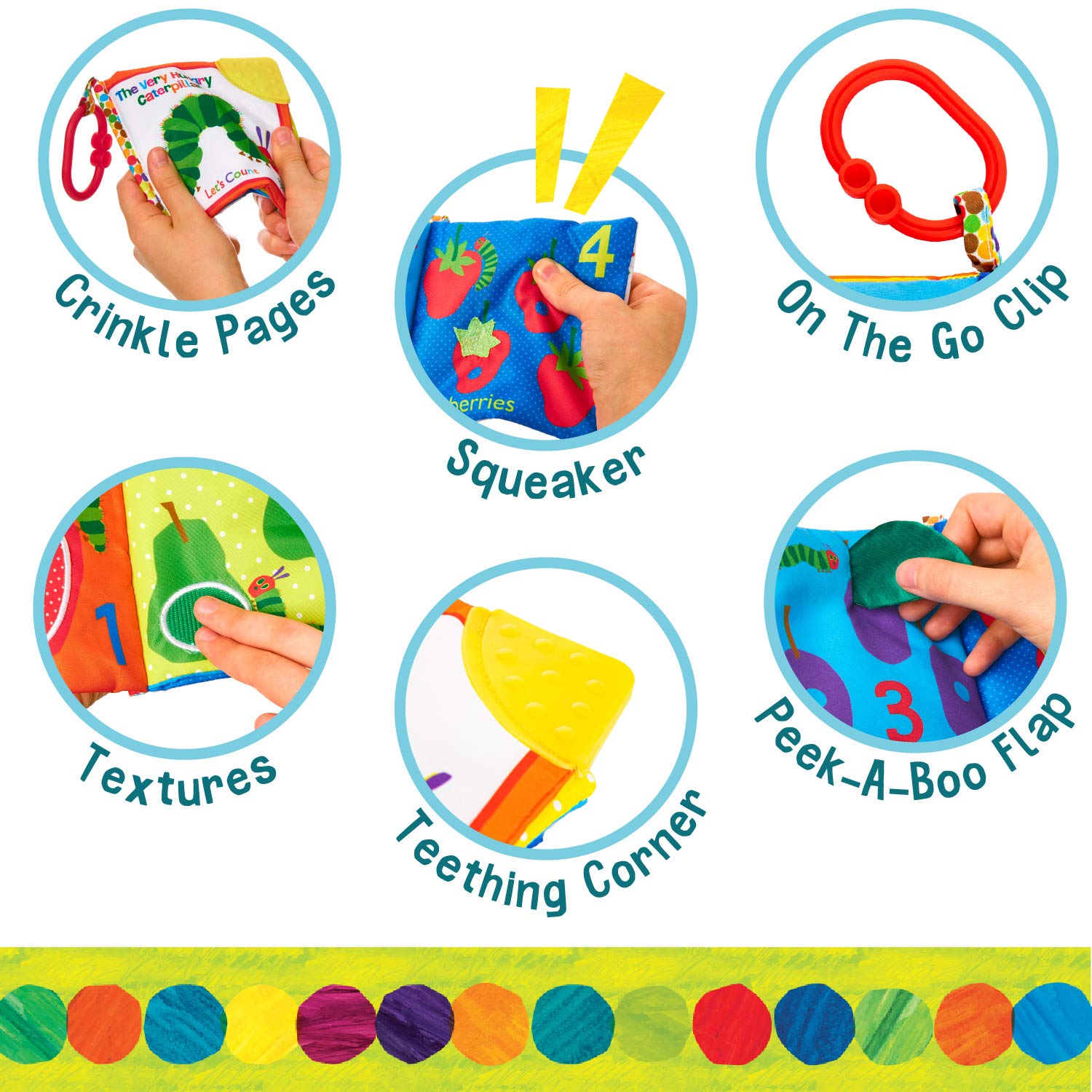 Let's Count Soft Book - World of Eric Carle the Very Hungry Caterpillar Baby on the Go Clip Teething Crinkle Soft Sensory Book for Babies, 5.25x5.25 Inch