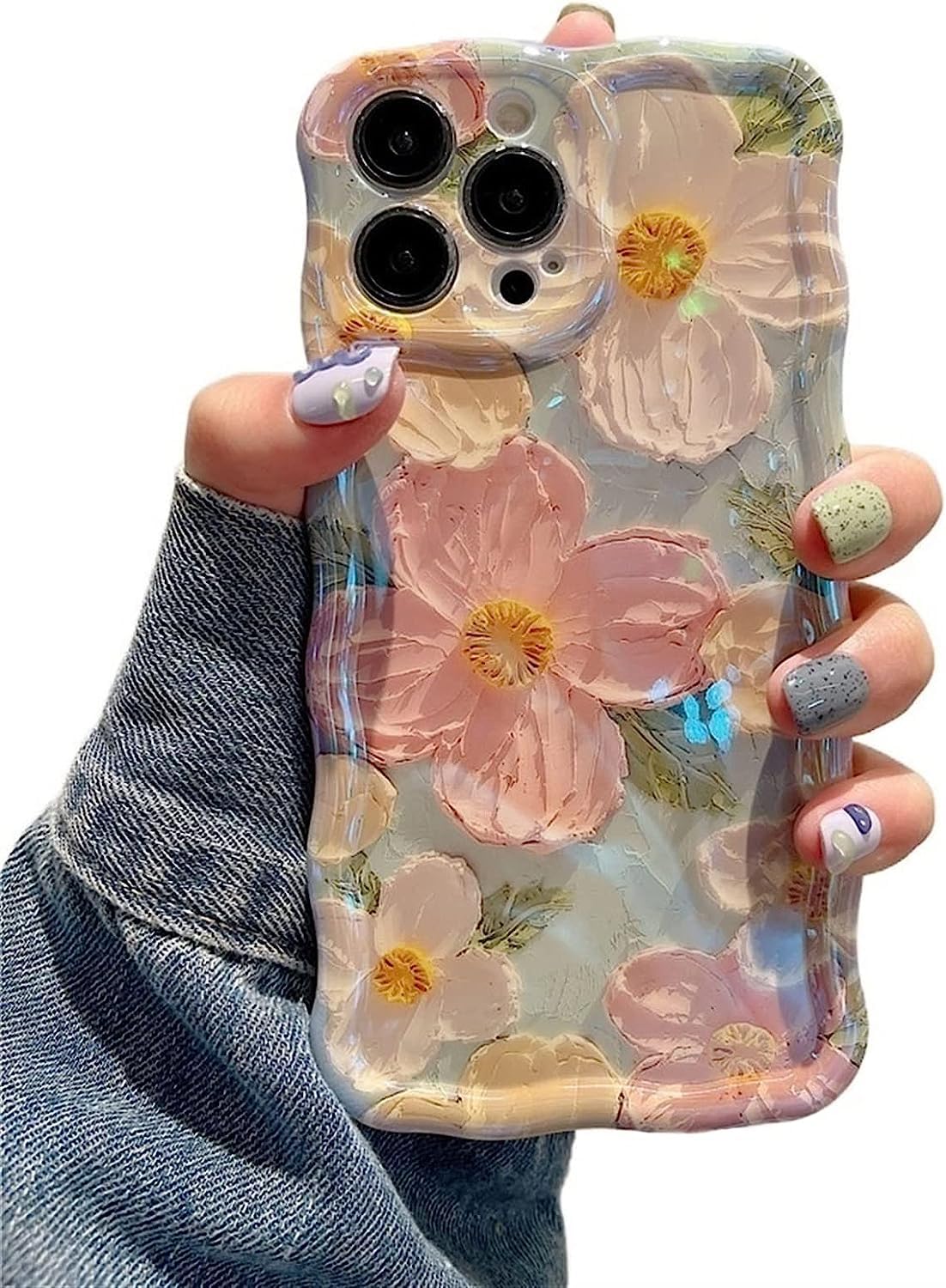 EYZUTAK Case for iPhone 14 Pro, Colorful Retro Oil Painting Printed Flower Laser Glossy Pattern Cute Curly Waves Border Exquisite Phone Cover Stylish Durable TPU Protective Case for Girls Women -Green