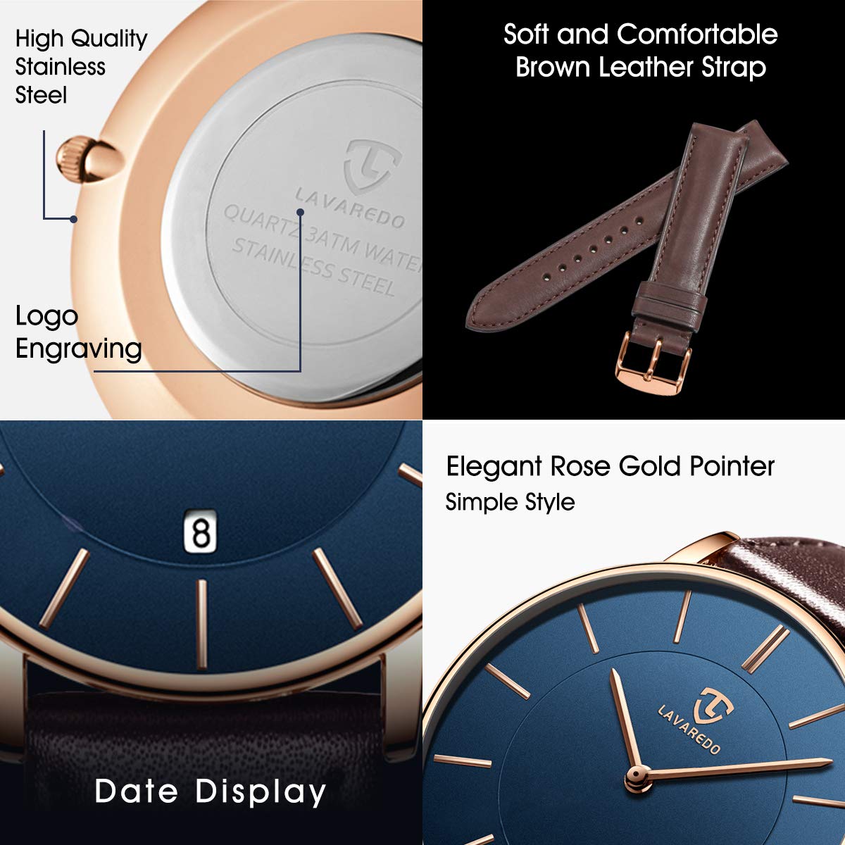 L LAVAREDO Watch for Men, Extremely Thin Mens Watches Minimalist Analog Men's Leather Wrist Watches with Time/Date, Birthday Gift for Men Boyfriend