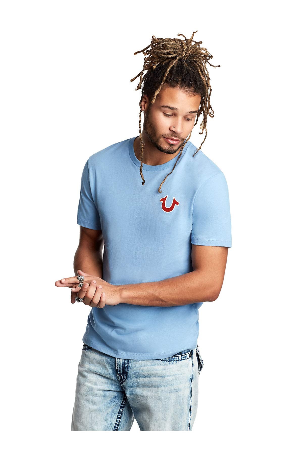 True Religion Men's Buddha Logo Crew Neck Tee, Oasis Blue, Medium