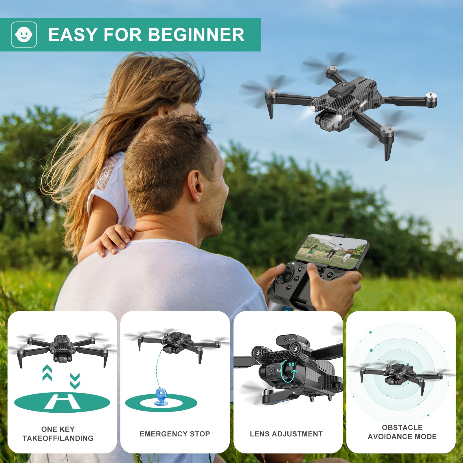 MSMV RC Drone for Kids Adults with HD FPV Camera,Obstacle Avoidance, One Key Start, Carrying Case, 2 Batteries - Cool Toys Gifts for Boys Girls