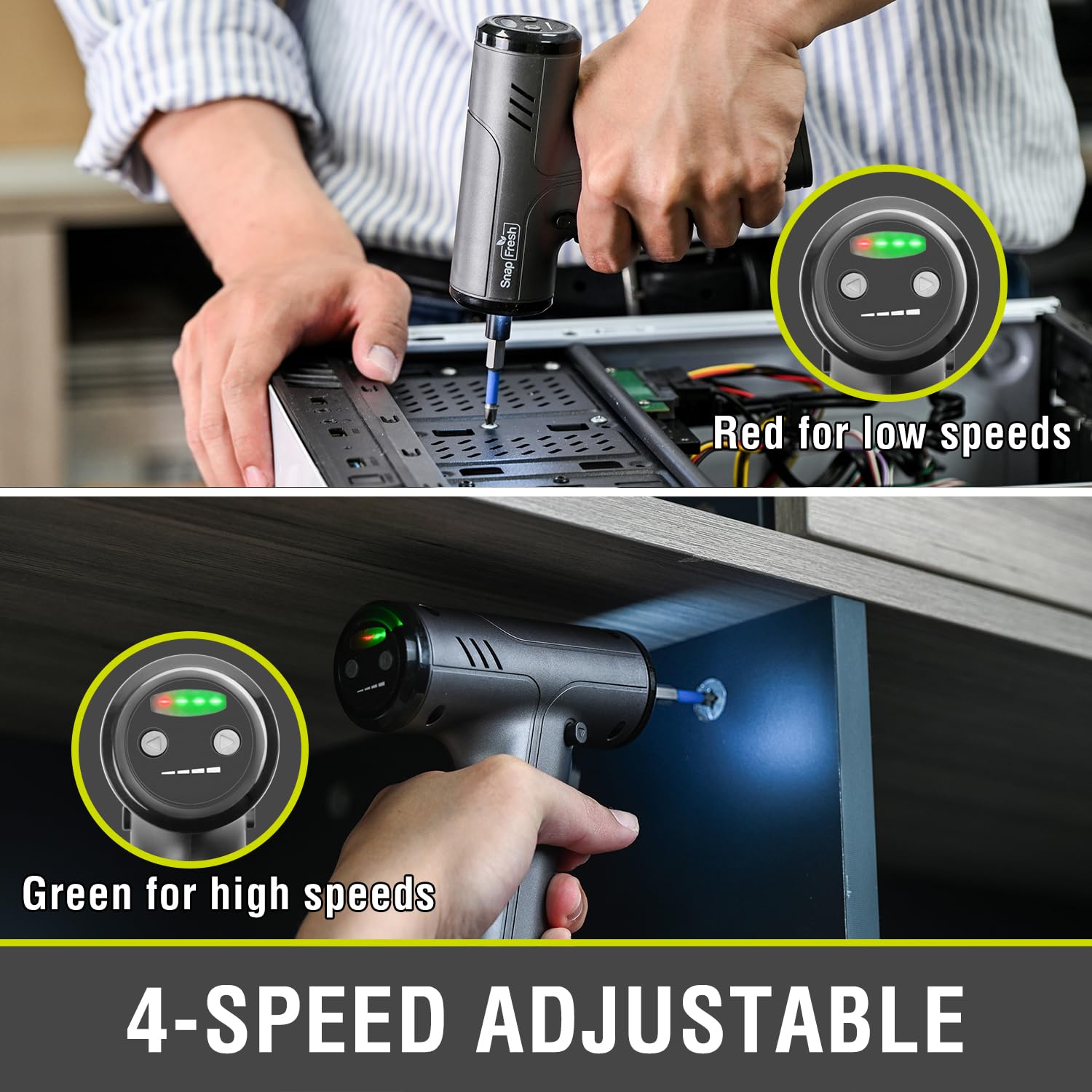 SnapFresh Electric Cordless Screwdriver Set,4V Rechargeable Screw Gun with 10 Drill Bits,4 Speeds,5N.m torque for DIY Enthusiasts,USB Charging Cable