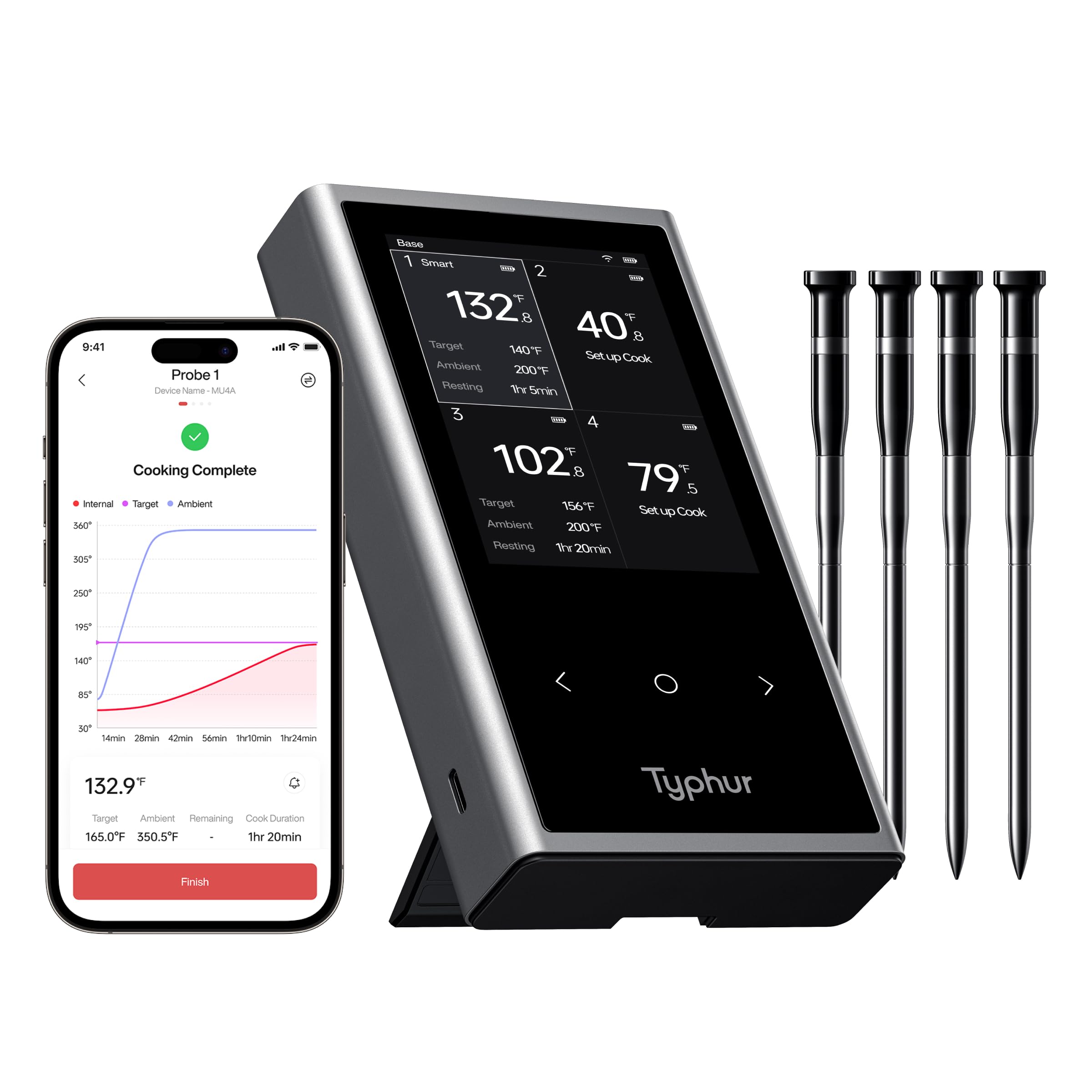 Typhur Sync Wireless Meat Thermometer Quad | 4 Probes | 6 Sensors | LCD Display | WiFi and Bluetooth 5.3 | Improved Stability and Range | IPX8 Waterproof | for BBQ, Grill, Smoker, Oven, Kitchen