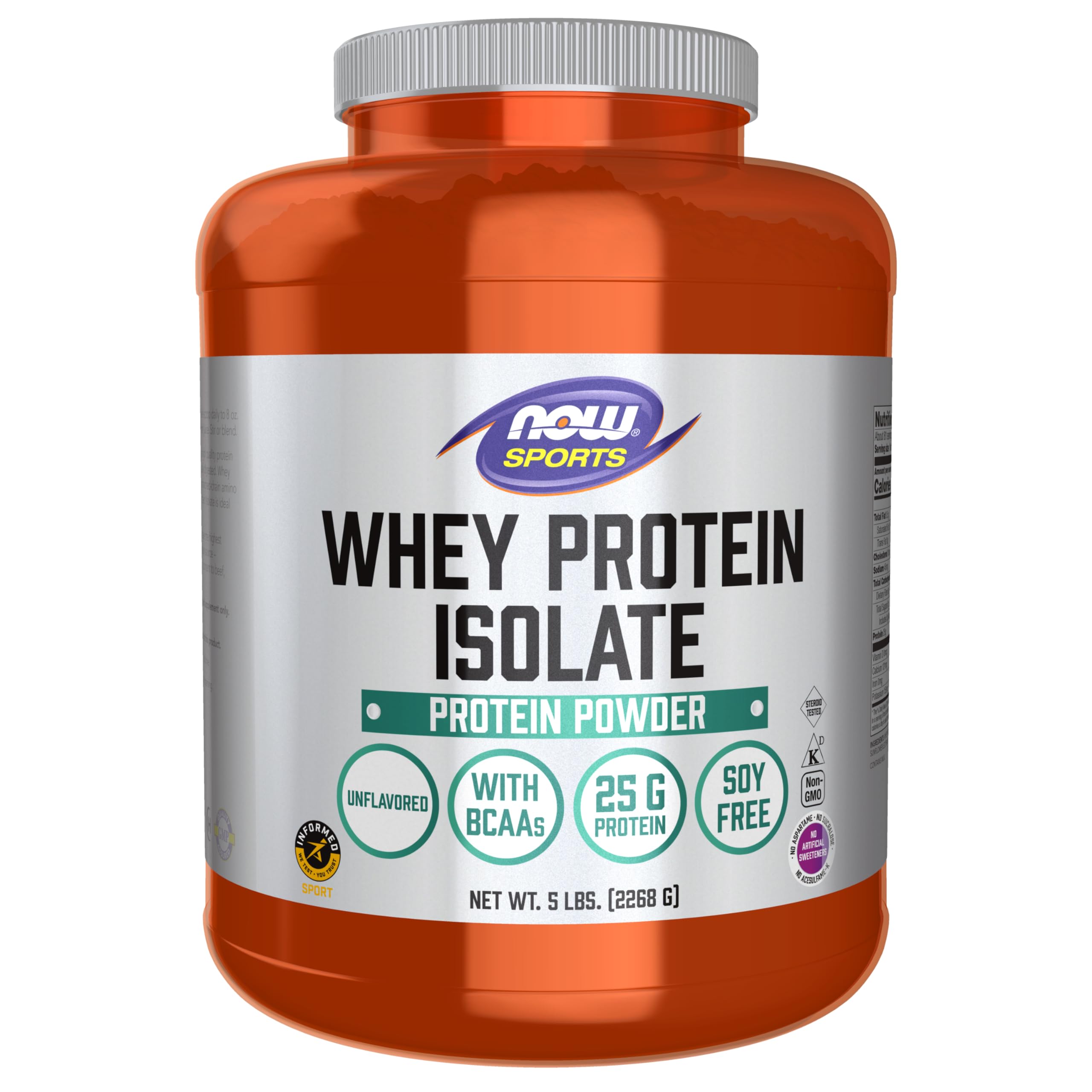 NOW Foods Sports Nutrition, Whey Protein Isolate, 25 g With BCAAs, Unflavored Powder, 5-Pound