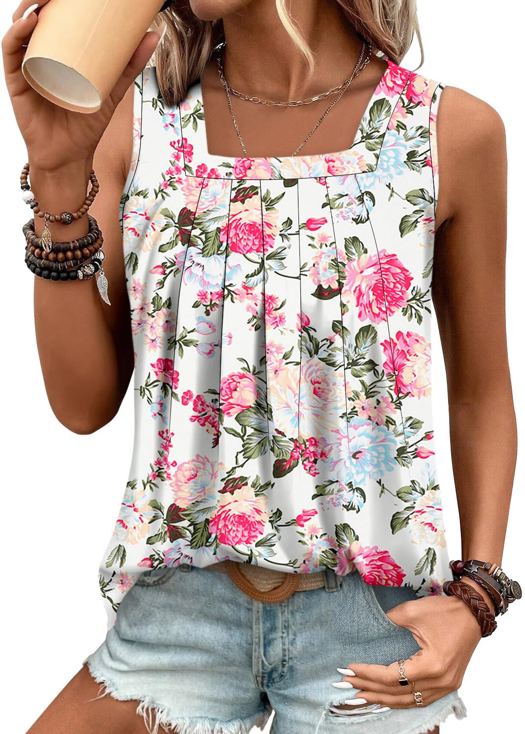 BETTE BOUTIK womens tank tops dressy casual long flowy tank top sleeveless tunics White Pink XX-Large