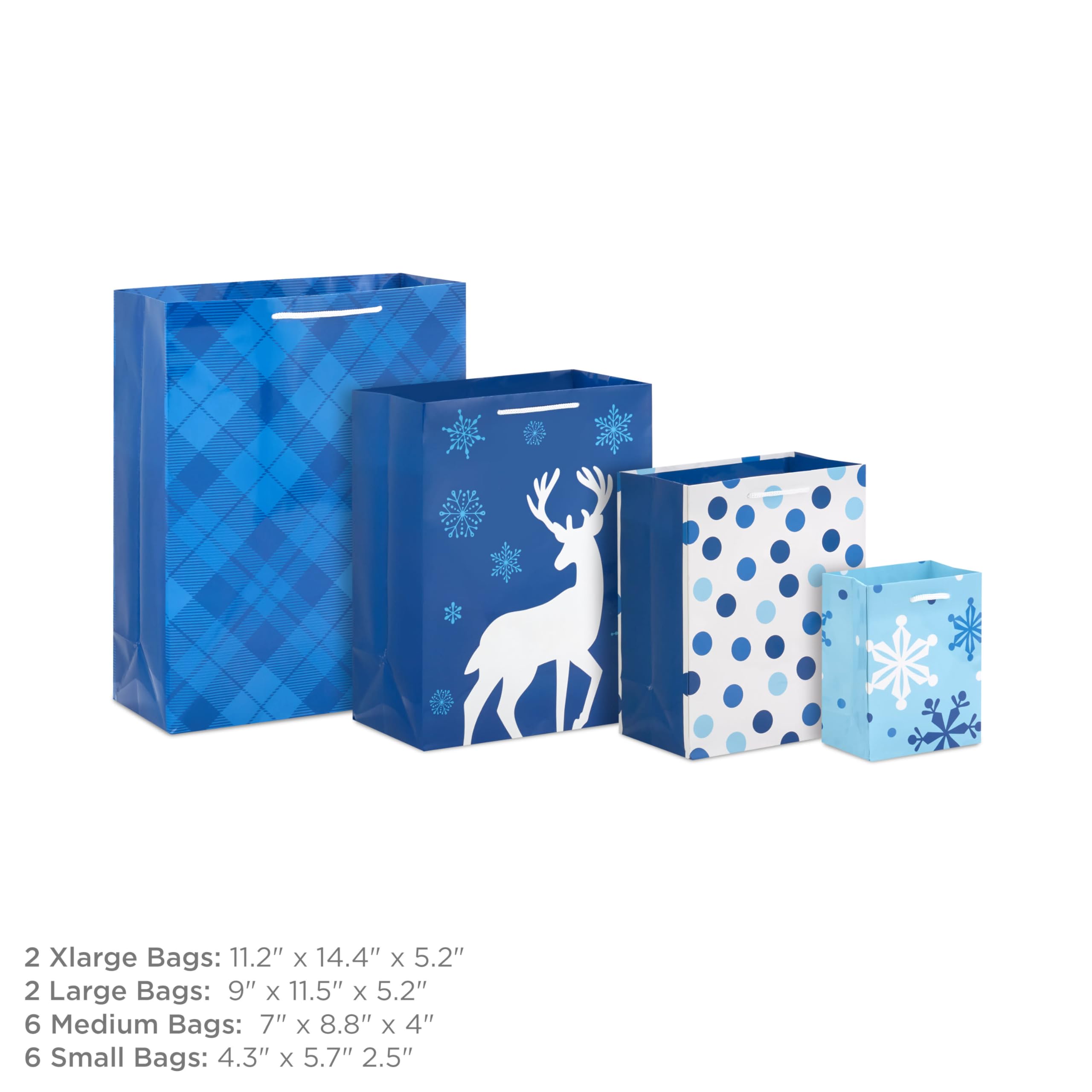 Image Arts Assorted Christmas Gift Bags Bulk - Blue Plaid, Snowman, Deer, Tree, Snowflakes (16 Bags: 6 Small 5", 6 Medium 8", 2 Large 11", 2 XL 14") for Holiday Parties, Hanukkah, Weddings