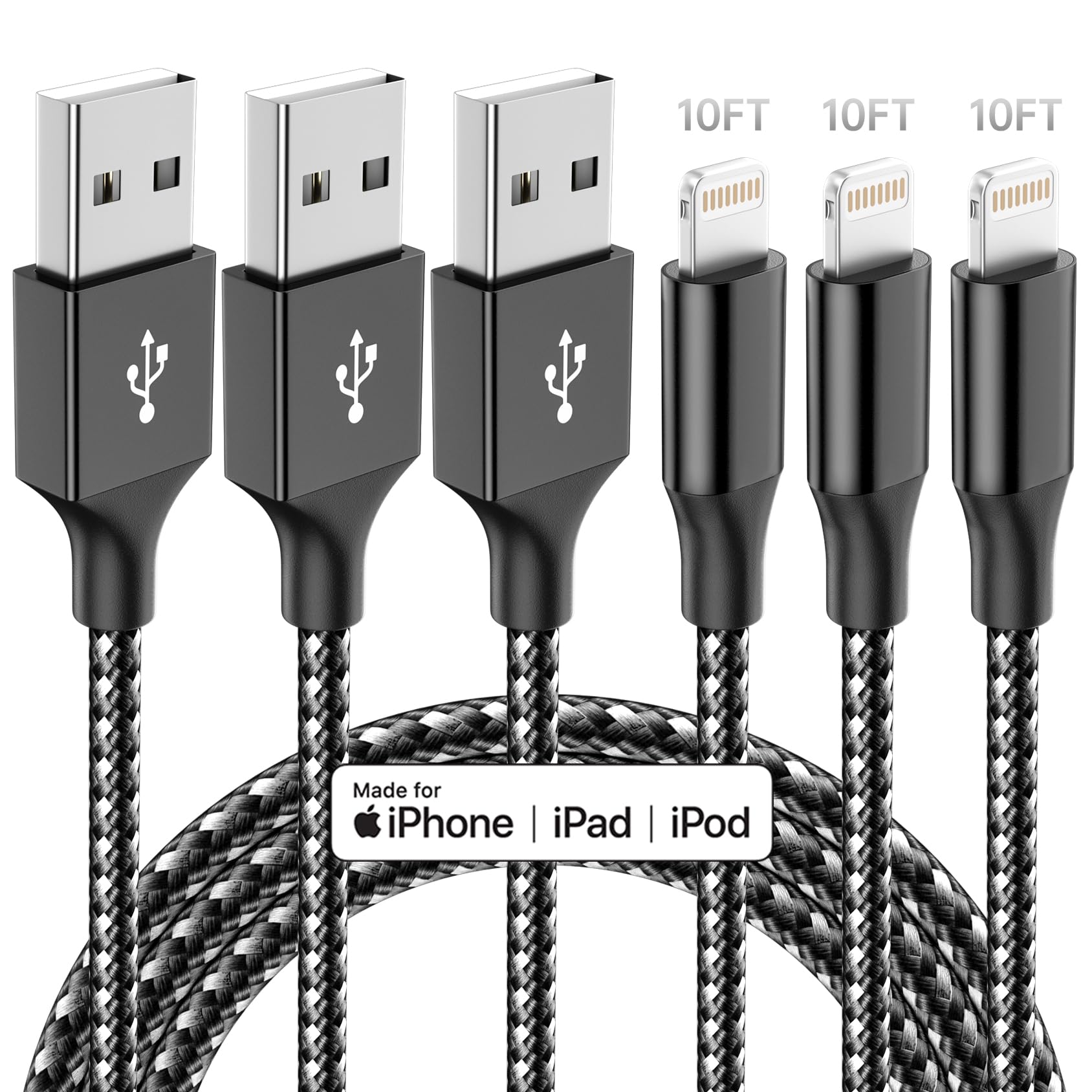 iPhone Charger,3 Pack 10 FT iPhone Charger Fast Charging Cord Apple MFi Certified Lightning Cable Nylon Braided Compatible with iPhone 14 13 12 11 Pro Max XR XS X 8 7 6 Plus SE iPad and More