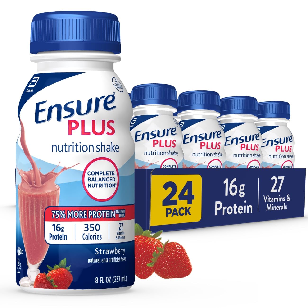 Ensure Plus Strawberry Nutrition Shake With Fiber | Meal Replacement Shake | Ready To Drink | 16g Protein and 27 Vitamins and Minerals | 8 fl oz - 24 Pack