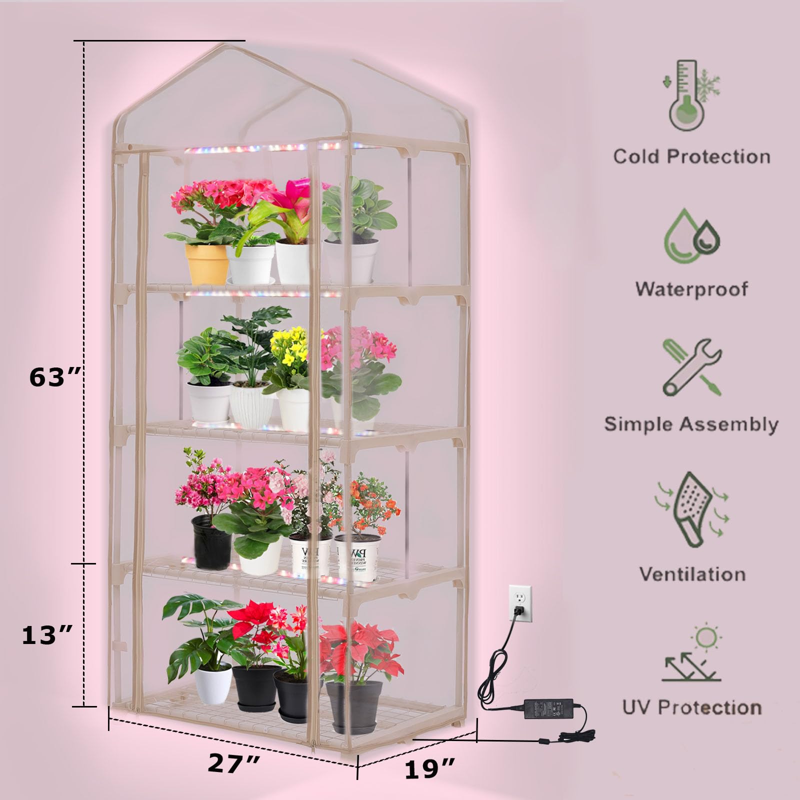 Purlyu Mini Greenhouse with Grow Light , 4 Tier 27.2" ×19.9" ×61.8" Portable Greenhouse with Zippered for Seed Starting Trays , Dimmable 2ft 60W Plant Light for Indoor Plant with Timer(PLGH704OWPT)