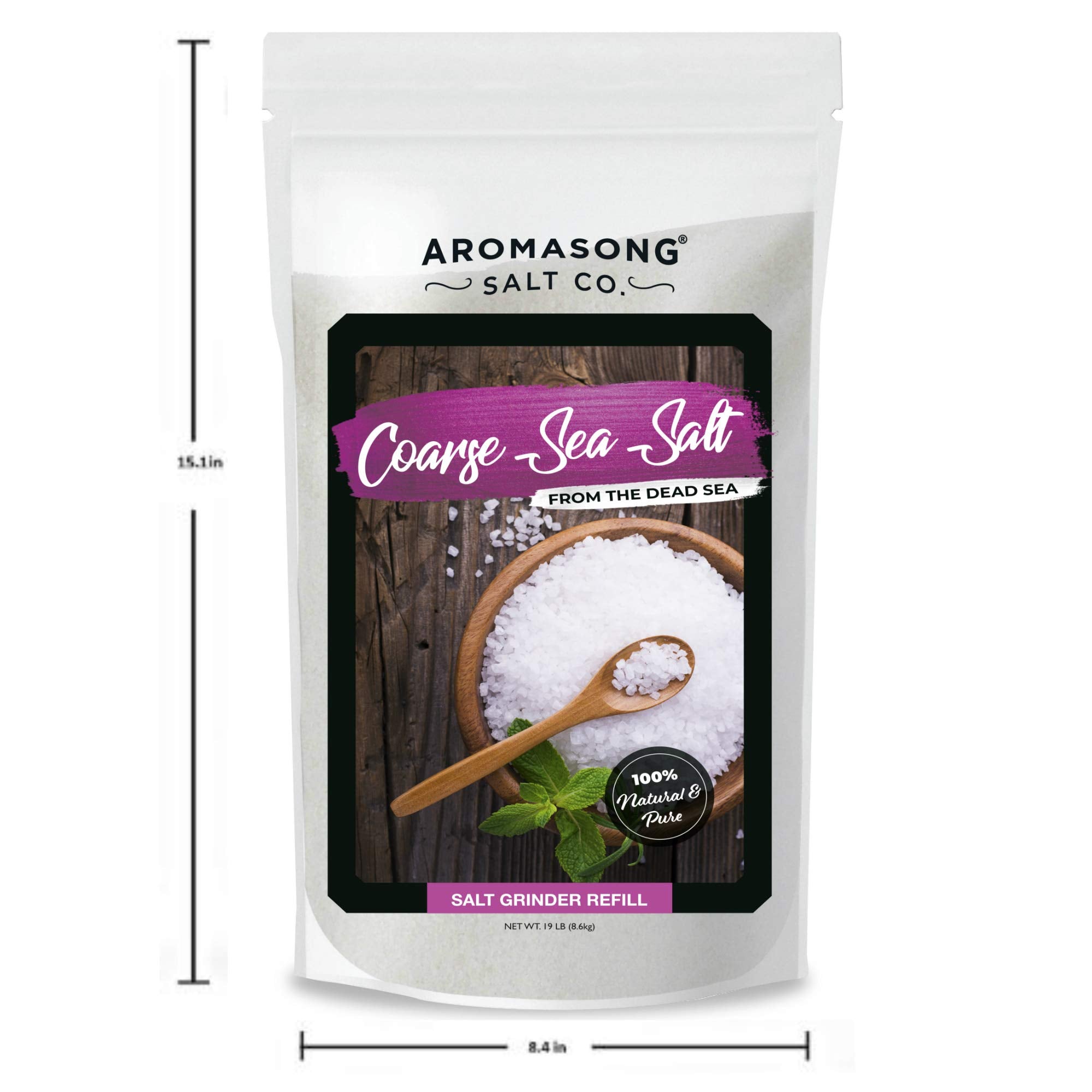 Aromasong 100% Natural Sea Salt Bulk Food Grade 19 Lb, Coarse Grain, Large Resealable Bag, Pure Gluten Free Unrefined Dead Sea Salt - Grinder Refill For Daily Cooking, Canning & Pickling. (Packaging May Vary)
