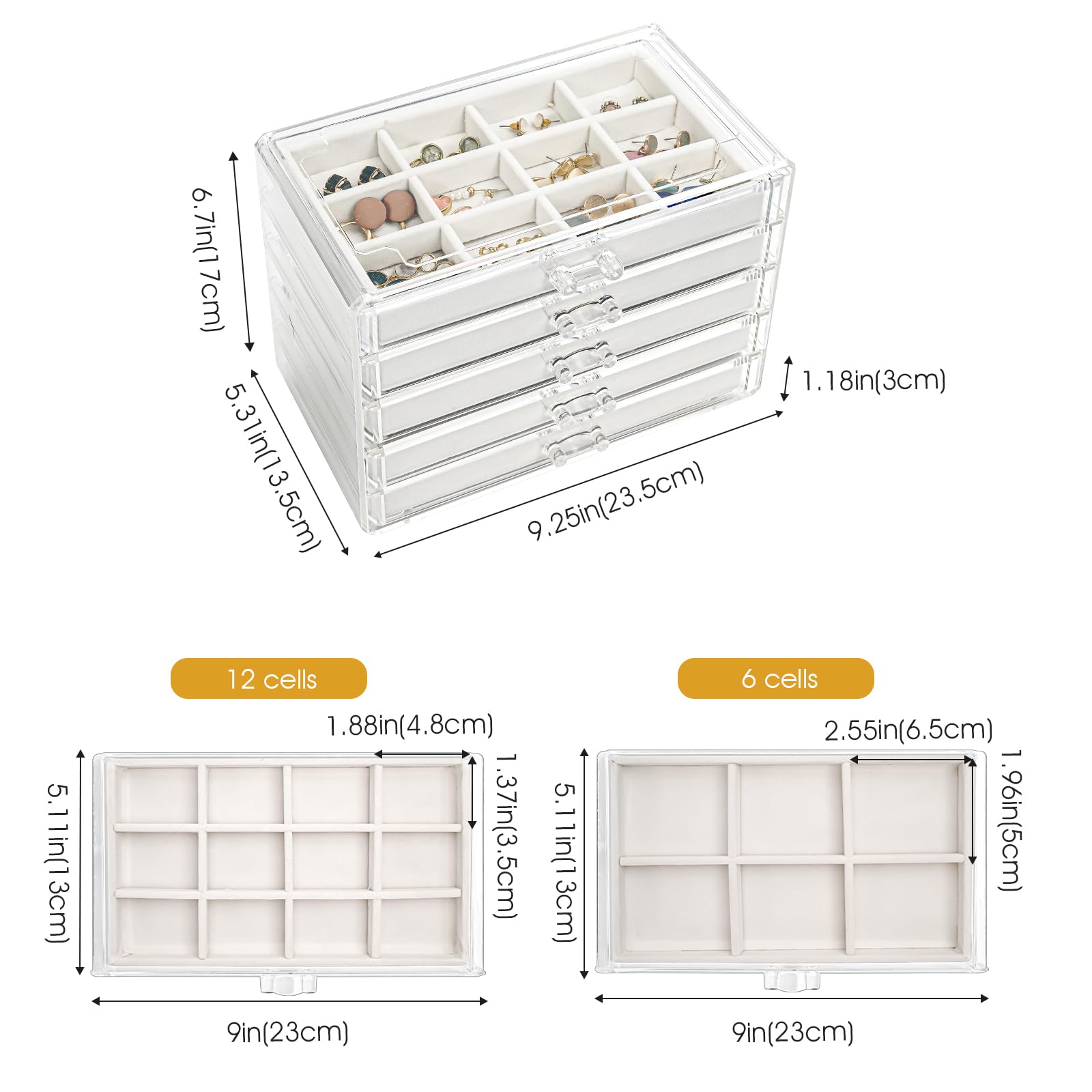 ProCase Earring Holder Organizer Jewelry Box with 5 Drawers Mothers Day Gift, Acrylic Clear Earring Case with Adjustable Velvet Trays for Women - Warmwhite,5 Layers