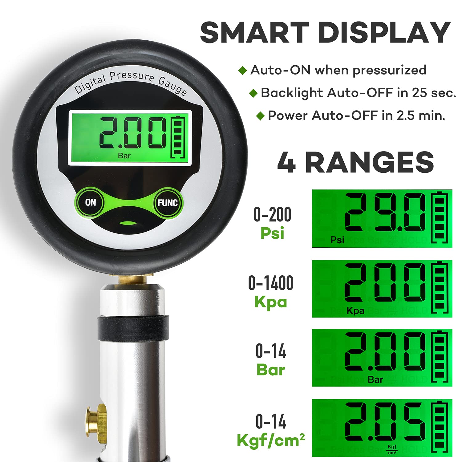 Digital Bicycle Tire Inflator Gauge with Auto-Select Valve Type - Presta and Schrader Air Compressor Tool