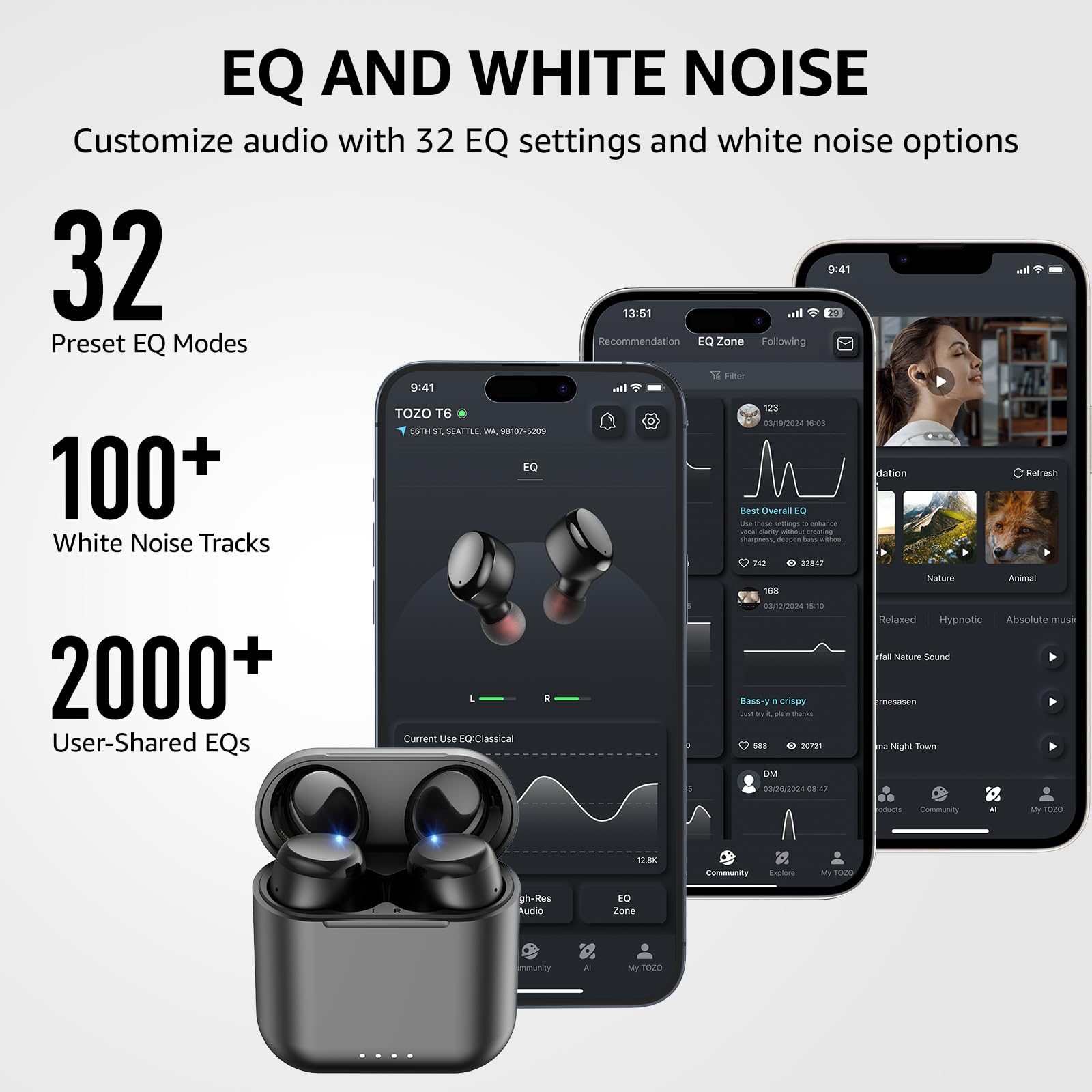 TOZO T6 (Ergonomic Edition) Wireless Earbuds Bluetooth 5.3 Headphones, Ergonomic Design in-Ear Headset, 50Hrs Playtime with Wireless Charging Case, APP EQ Customisable, IPX8 Waterproof, 2024 Version