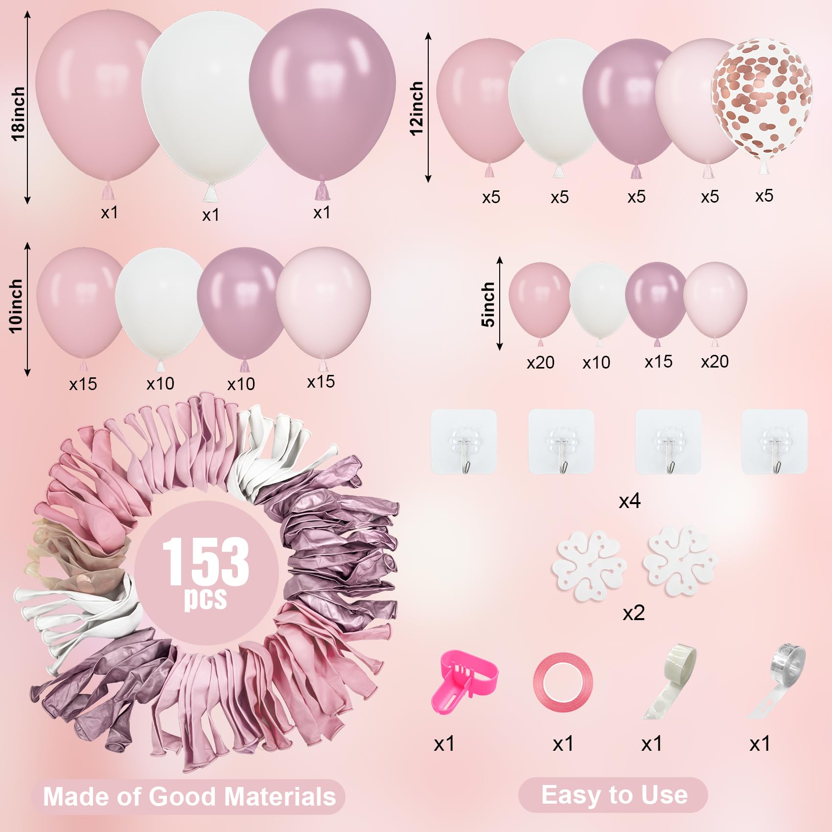 Amandir 153pcs Pink White Balloons Arch Garland Kit, Different Sizes 18 12 10 5inch Pastel Light Latex Metallic Confetti Pink Balloons for Baby Shower Wedding Bow Coquette Birthday Party Decorations