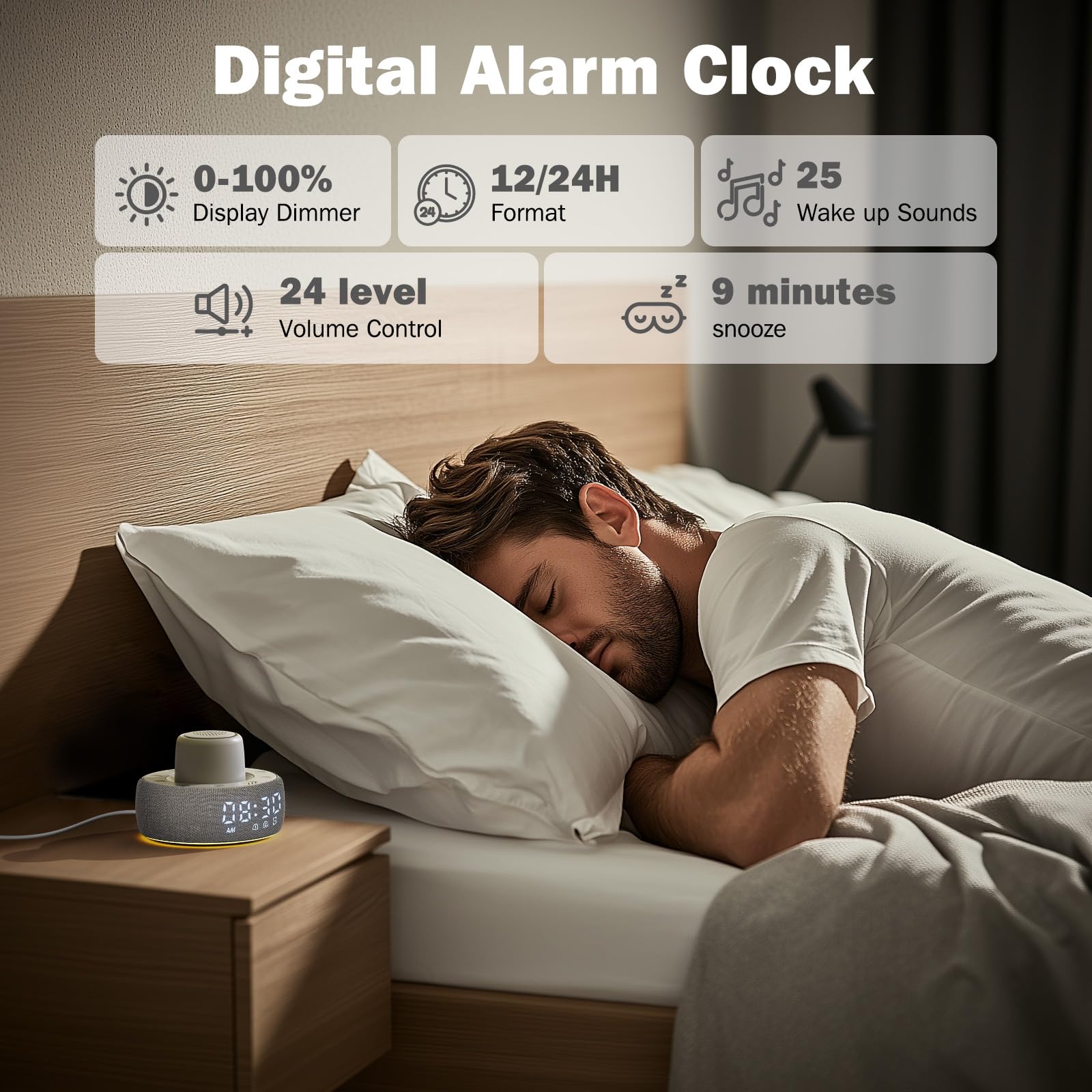 Paussion White Noise Machine with Smart Alarm Clock, 25 Soothing Sounds, Portable Sleep Sound Machine Aid for Baby, Kids, Adults, Office, Dimmable Timer, 7 Night Light Colors for Privacy Bedroom, Gray