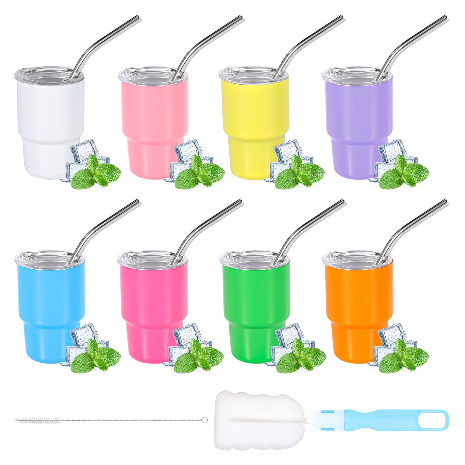 MYJIE [8 Pcs] Mini Tumbler Shot Glass with Straw and Lid,3 oz Mini Shot Glass Tumblers with 2 Brushes for Hot and Cold Coffee Juice, Tea, Coffee, Cocktails Wedding Birthday Party Gifts