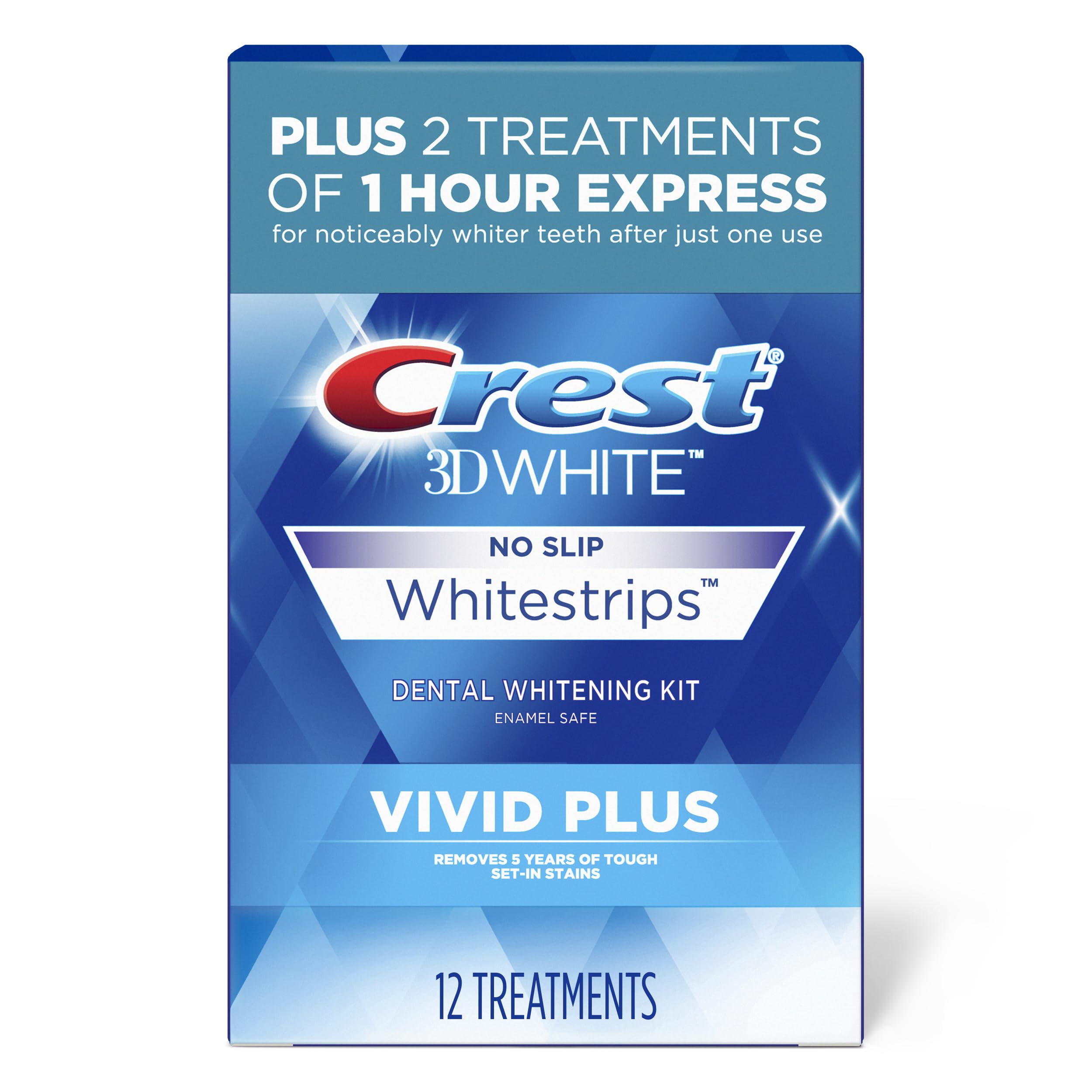 Crest 3DWhitestrips Vivid Plus Whitestrips 3D White, 10 Treatments + 1 Hour Express 2 Treatments Teeth Whitening Kit, 8 Levels Whiter, Crest Teeth Whitening Strips