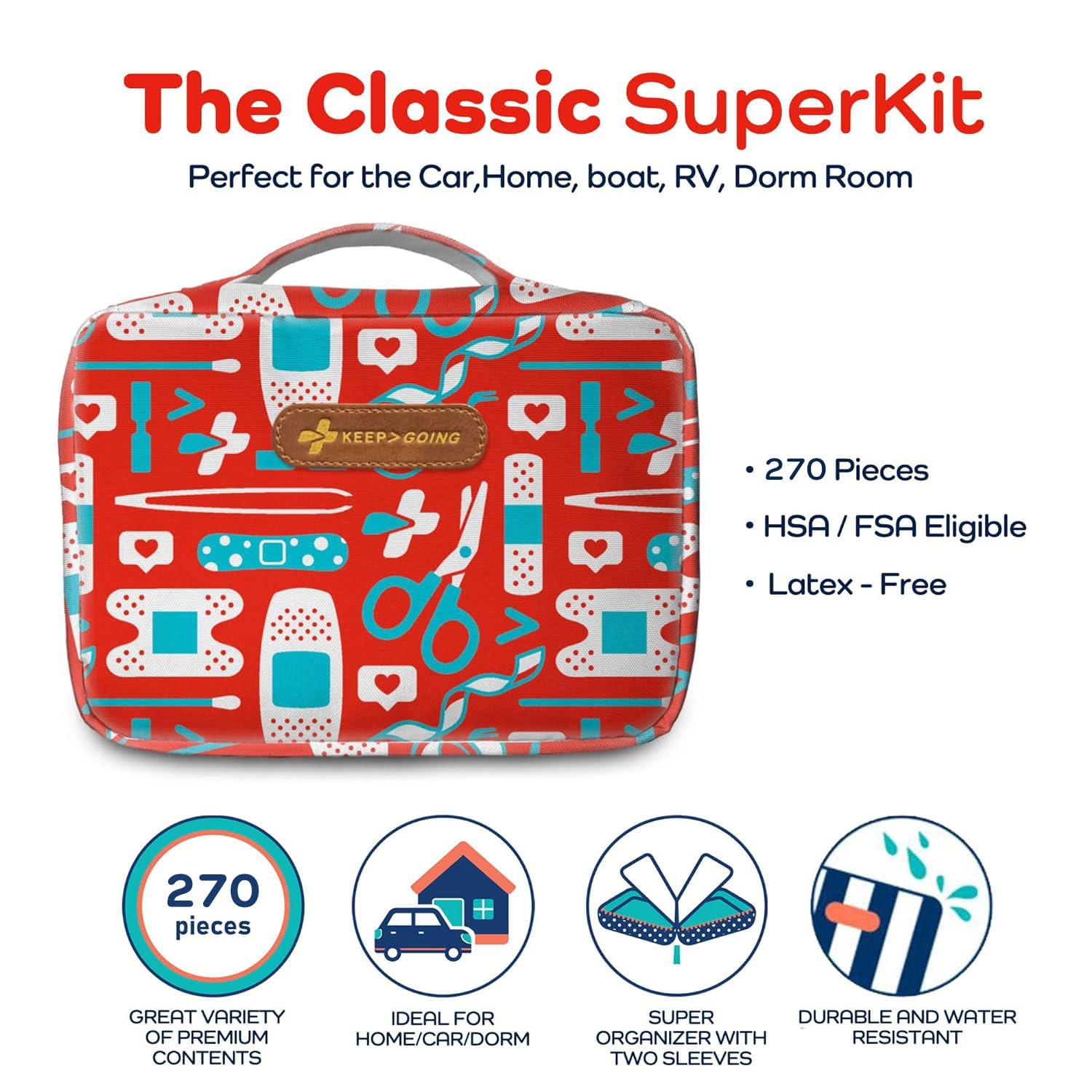 KeepGoing Large Home First Aid Kit for Kids – 270 Pc. First Aid Kit for Car, Home, Dorm, & Boat with Latex-Free Bandages – 10 x 7 x 3.5 in. Travel First Aid Kit (The Classic)