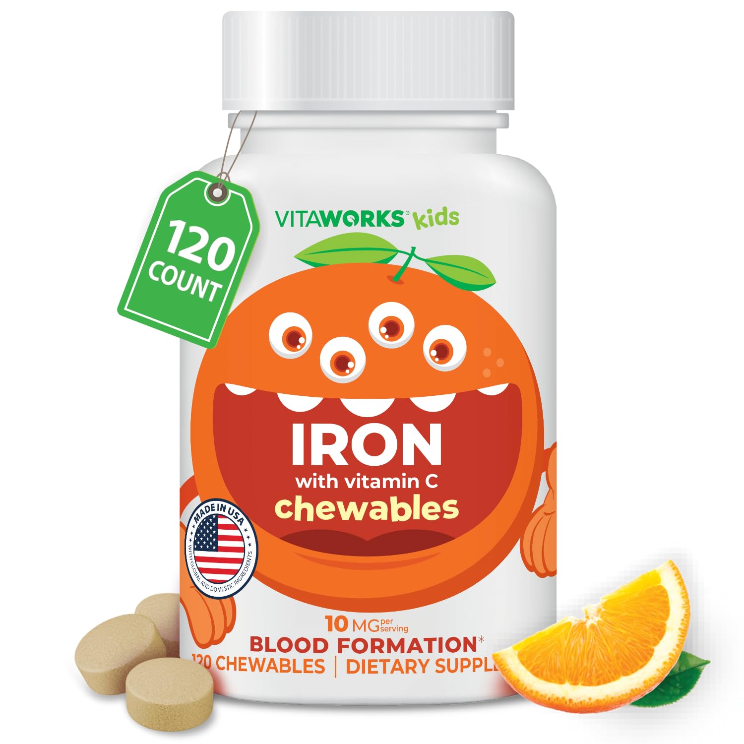 VitaWorks Kids Iron 10mg with Vitamin C 50mg Chewable Tablets - Tasty Natural Flavored - Vegan, Vegetarian, GMO-Free, Nut Free - Dietary Iron Supplement - Blood Formation for Children - 120 Chewables