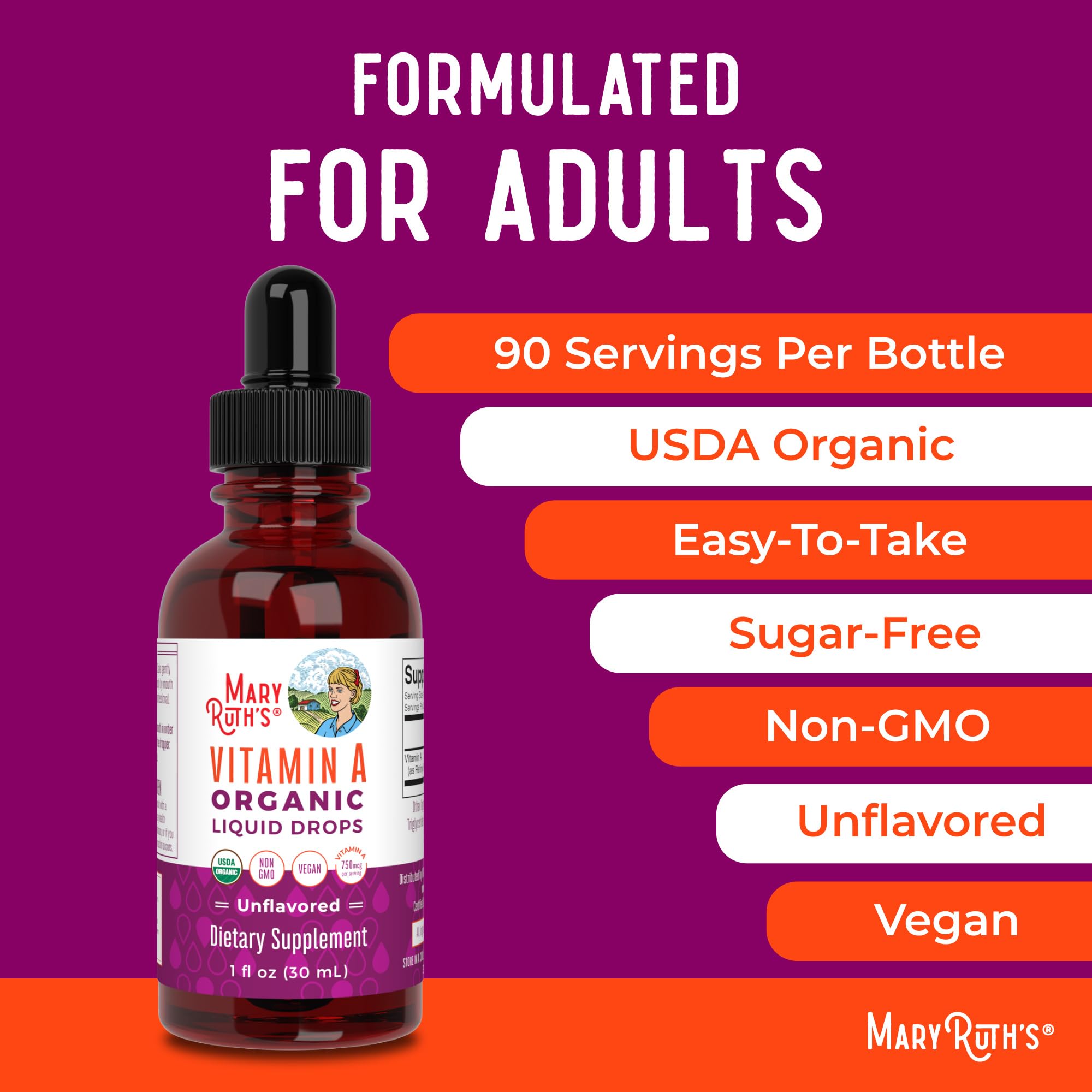 MaryRuth Organics USDA Organic Vitamin A Liquid Drops | 3 Month Supply | Immune Support, Eye Health, Skin Health for Ages 14+ | 750mcg per Serving | Sugar Free | Vegan | Non-GMO | Gluten Free | 1oz