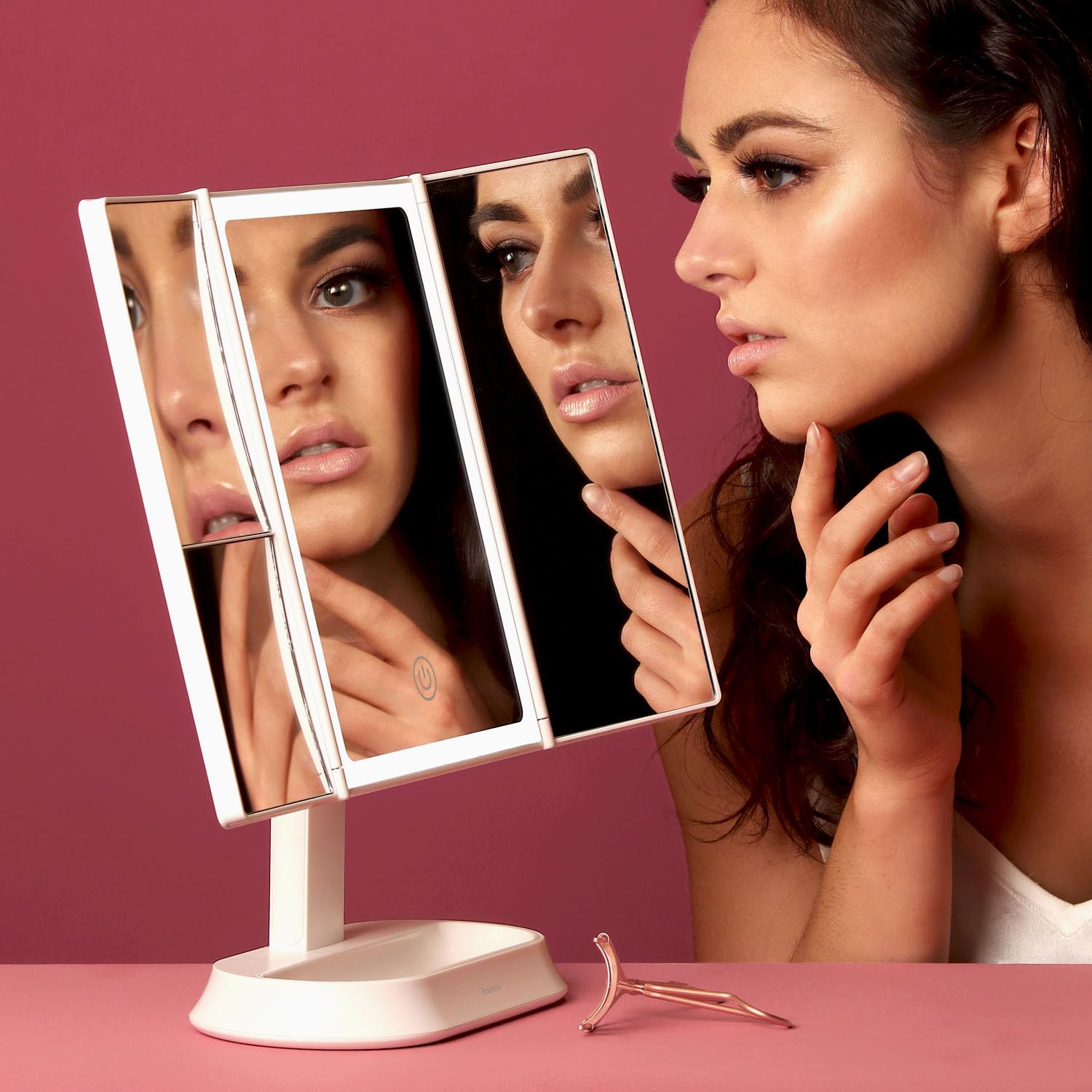 Fancii Makeup Mirror with Natural LED Lights, Lighted Trifold Vanity Mirror with 5X & 7X Magnifications - 40 Dimmable Lights, Touch Screen, Cosmetic Stand - Sora (White)