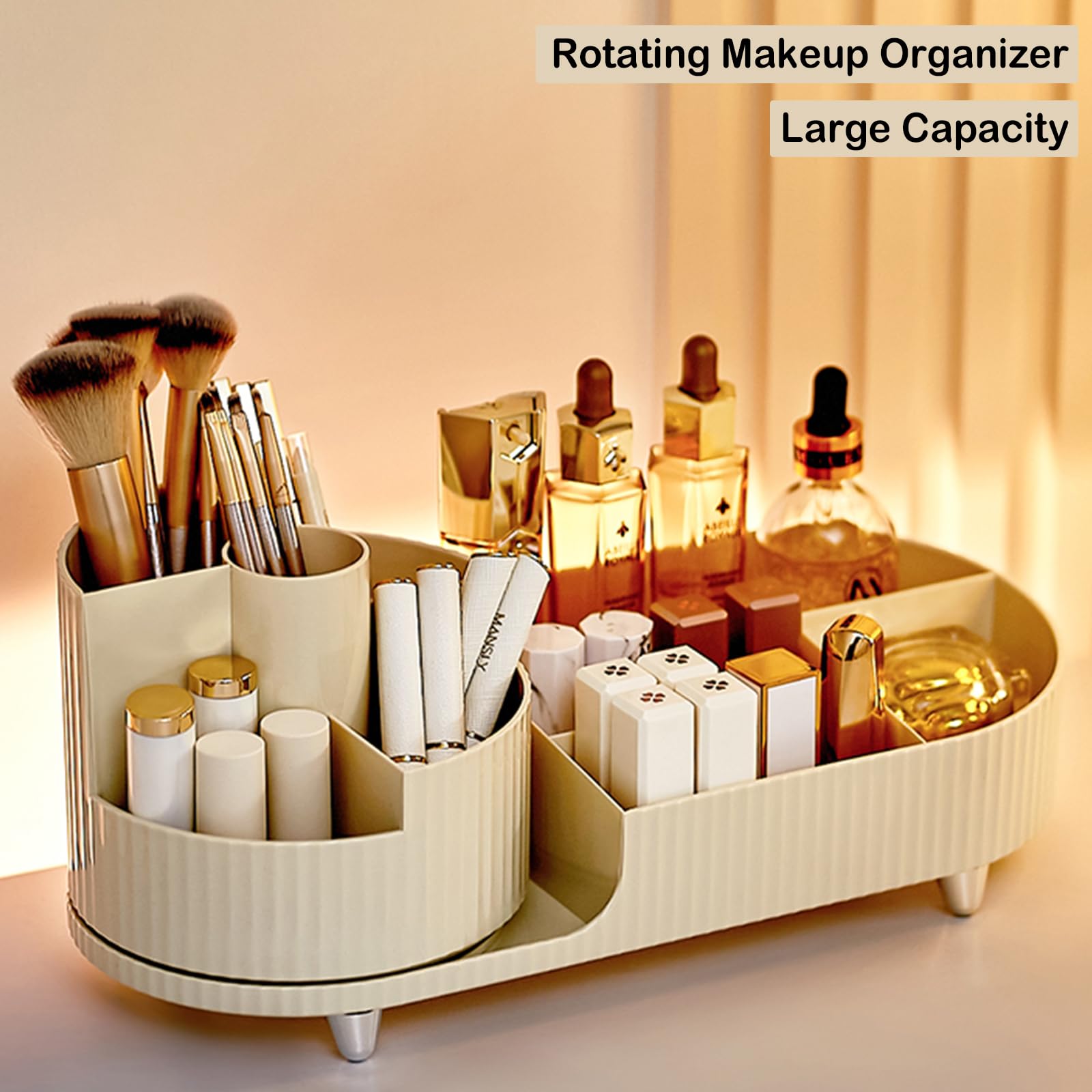 Rotating Makeup Organizer for Vanity with Brush Holder, Cosmetic Makeup Storage Organizer, Large Spinning Makeup Skincare Organizer, Countertop Makeup Perfume Organizer, Lotions Display Case (Ivory)