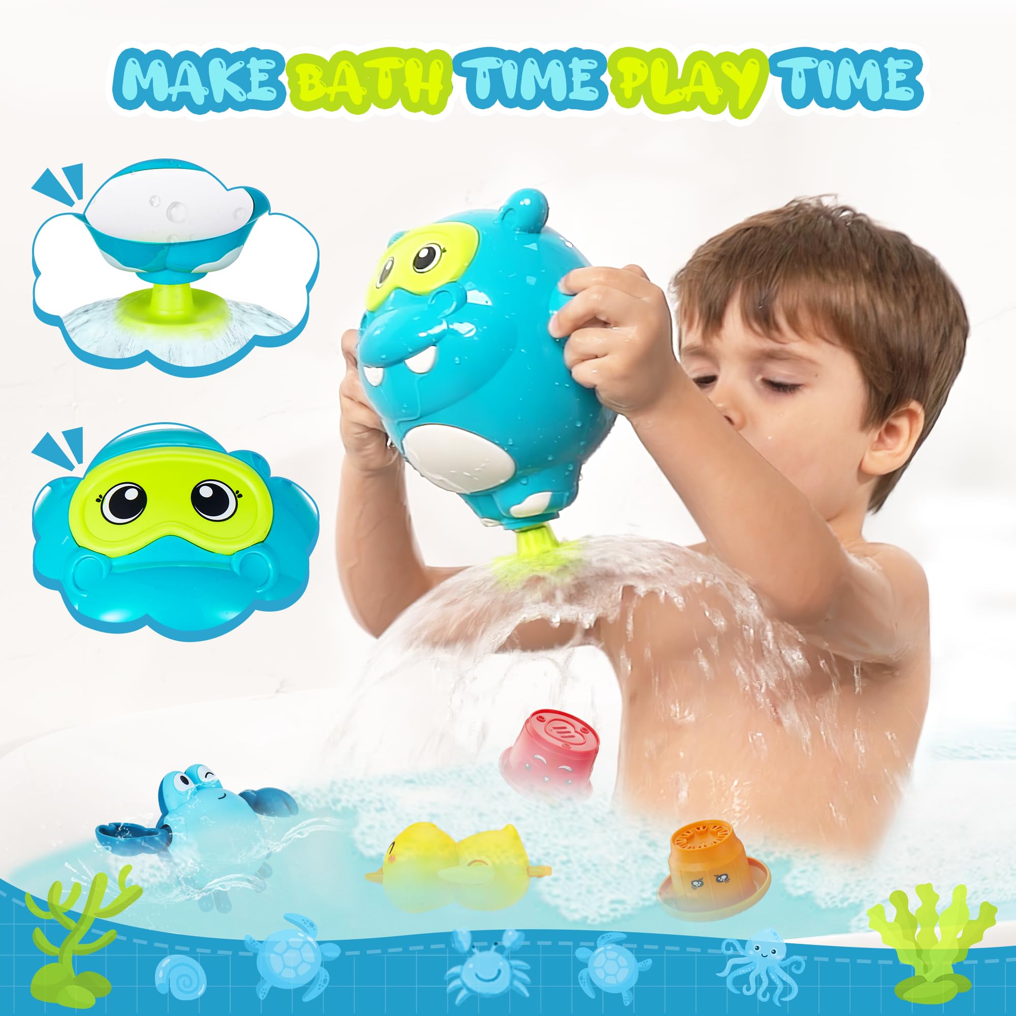 EKUEASYKU Bath Toys for Kids Ages 1-3 2-4 4-8 Hippo Toddler Bath Toys Water Toys with Burger Stacking Cups Swimming Duck Crab Bathtub Tub Toys Bath Time Emotion Letter Learning